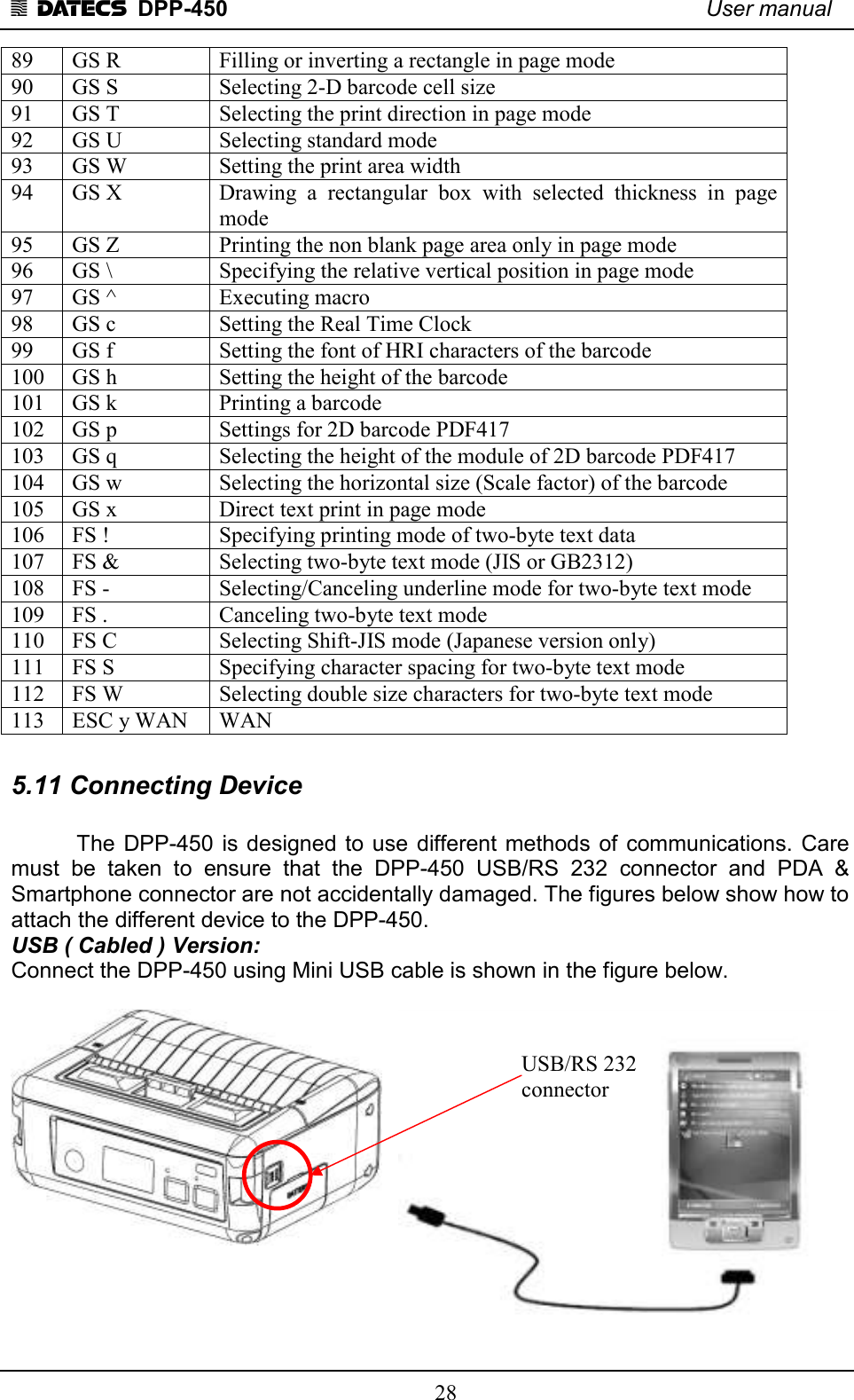 1 DATECS  DPP-450    User manual     28 89  GS R  Filling or inverting a rectangle in page mode 90  GS S  Selecting 2-D barcode cell size 91  GS T  Selecting the print direction in page mode 92  GS U  Selecting standard mode 93  GS W  Setting the print area width 94  GS X  Drawing  a  rectangular  box  with  selected  thickness  in  page mode 95  GS Z  Printing the non blank page area only in page mode 96  GS \  Specifying the relative vertical position in page mode 97  GS ^  Executing macro 98  GS c  Setting the Real Time Clock 99  GS f  Setting the font of HRI characters of the barcode 100  GS h  Setting the height of the barcode 101  GS k  Printing a barcode 102  GS p  Settings for 2D barcode PDF417 103  GS q  Selecting the height of the module of 2D barcode PDF417 104  GS w  Selecting the horizontal size (Scale factor) of the barcode 105  GS x  Direct text print in page mode 106  FS !  Specifying printing mode of two-byte text data 107  FS &amp;  Selecting two-byte text mode (JIS or GB2312) 108  FS -  Selecting/Canceling underline mode for two-byte text mode 109  FS .  Canceling two-byte text mode 110  FS C  Selecting Shift-JIS mode (Japanese version only) 111  FS S  Specifying character spacing for two-byte text mode 112  FS W  Selecting double size characters for two-byte text mode 113  ESC y WAN  WAN  5.11 Connecting Device   The  DPP-450  is designed to use  different methods of  communications.  Care must  be  taken  to  ensure  that  the  DPP-450  USB/RS  232  connector  and  PDA  &amp; Smartphone connector are not accidentally damaged. The figures below show how to attach the different device to the DPP-450. USB ( Cabled ) Version:  Connect the DPP-450 using Mini USB cable is shown in the figure below.   USB/RS 232 connector 
