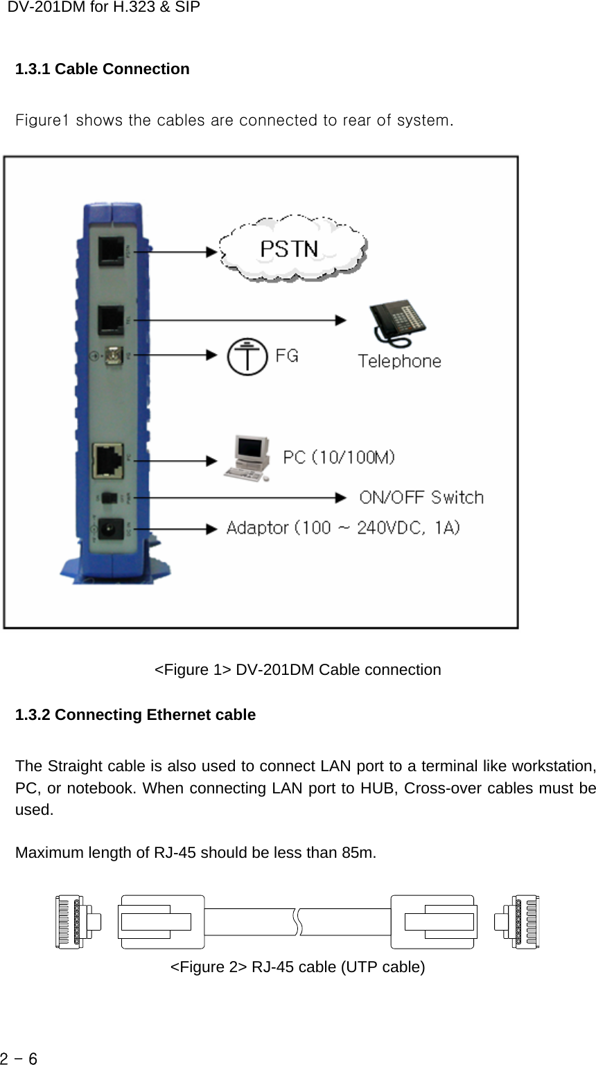    DV-201DM for H.323 &amp; SIP 1.3.1 Cable Connection  Figure1 shows the cables are connected to rear of system.    &lt;Figure 1&gt; DV-201DM Cable connection  1.3.2 Connecting Ethernet cable  The Straight cable is also used to connect LAN port to a terminal like workstation, PC, or notebook. When connecting LAN port to HUB, Cross-over cables must be used.  Maximum length of RJ-45 should be less than 85m.     &lt;Figure 2&gt; RJ-45 cable (UTP cable)  2 - 6    