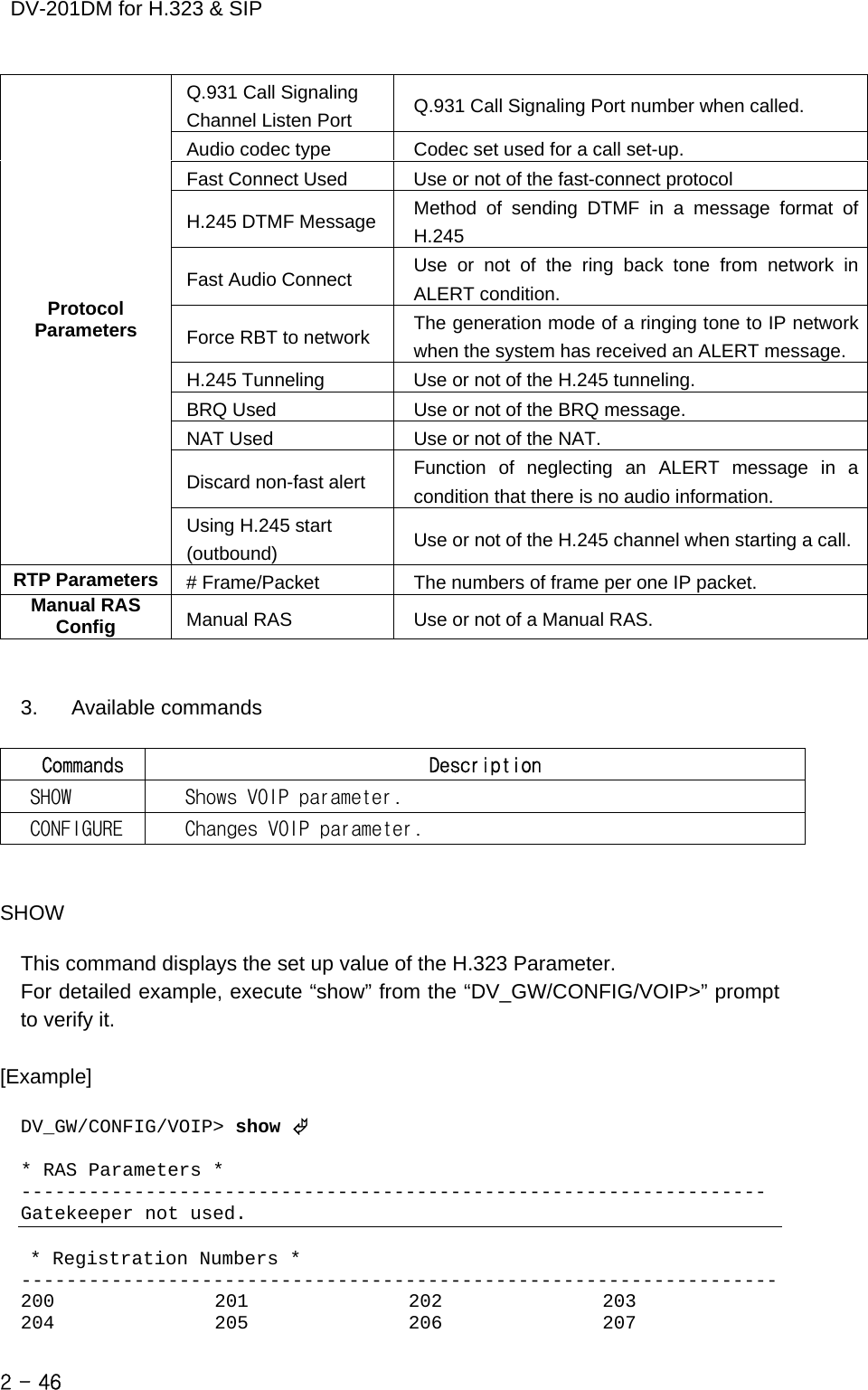    DV-201DM for H.323 &amp; SIP Q.931 Call Signaling Channel Listen Port  Q.931 Call Signaling Port number when called. Audio codec type  Codec set used for a call set-up. Fast Connect Used  Use or not of the fast-connect protocol H.245 DTMF Message  Method of sending DTMF in a message format of H.245 Fast Audio Connect  Use or not of the ring back tone from network in ALERT condition. Force RBT to network  The generation mode of a ringing tone to IP network when the system has received an ALERT message. H.245 Tunneling  Use or not of the H.245 tunneling. BRQ Used  Use or not of the BRQ message. NAT Used  Use or not of the NAT. Discard non-fast alert  Function of neglecting an ALERT message in a condition that there is no audio information. Protocol Parameters Using H.245 start (outbound)  Use or not of the H.245 channel when starting a call.RTP Parameters # Frame/Packet  The numbers of frame per one IP packet. Manual RAS Config  Manual RAS  Use or not of a Manual RAS.   3. Available commands  Commands  Description SHOW   Shows VOIP parameter. CONFIGURE   Changes VOIP parameter.   SHOW  This command displays the set up value of the H.323 Parameter. For detailed example, execute “show” from the “DV_GW/CONFIG/VOIP&gt;” prompt to verify it.  [Example]  DV_GW/CONFIG/VOIP&gt; show ©  * RAS Parameters * ------------------------------------------------------------------ Gatekeeper not used.   * Registration Numbers * ------------------------------------------------------------------- 200                 201                 202                 203 204                 205                 206                 207 2 - 46    