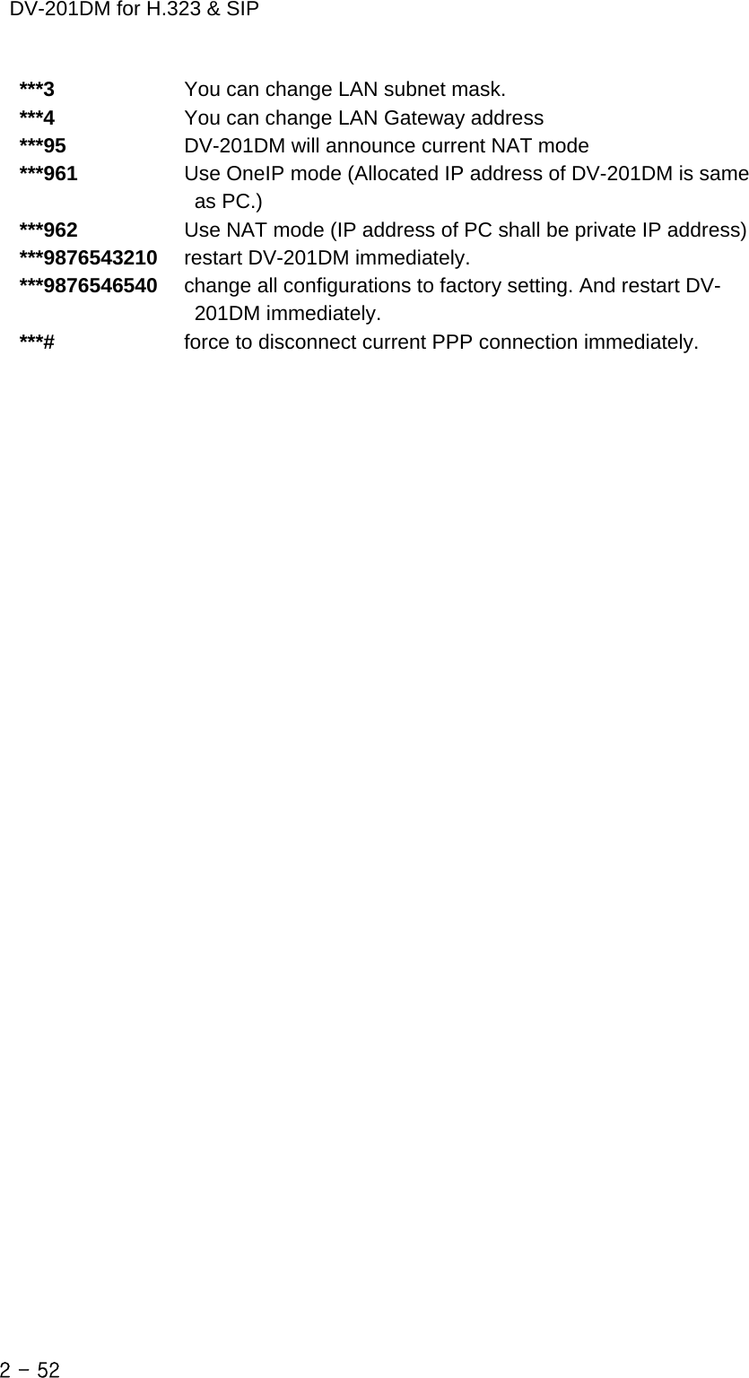    DV-201DM for H.323 &amp; SIP ***3             You can change LAN subnet mask. ***4             You can change LAN Gateway address ***95            DV-201DM will announce current NAT mode ***961           Use OneIP mode (Allocated IP address of DV-201DM is same   as PC.)   ***962           Use NAT mode (IP address of PC shall be private IP address) ***9876543210   restart DV-201DM immediately. ***9876546540   change all configurations to factory setting. And restart DV- 201DM immediately. ***#             force to disconnect current PPP connection immediately.   2 - 52    