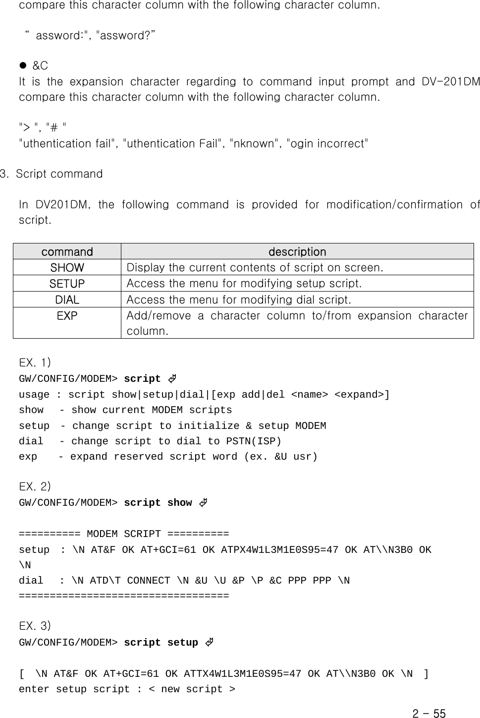  compare this character column with the following character column.    “ assword:&quot;, &quot;assword?”   z &amp;C It  is  the  expansion  character  regarding  to  command  input  prompt and DV-201DM compare this character column with the following character column.  &quot;&gt; &quot;, &quot;# &quot; &quot;uthentication fail&quot;, &quot;uthentication Fail&quot;, &quot;nknown&quot;, &quot;ogin incorrect&quot;  3.   Script command  In  DV201DM,  the  following  command  is  provided  for  modification/confirmation  of script.  command  description SHOW  Display the current contents of script on screen. SETUP  Access the menu for modifying setup script. DIAL  Access the menu for modifying dial script. EXP  Add/remove  a  character  column  to/from  expansion  character column.  EX. 1) GW/CONFIG/MODEM&gt; script © usage : script show|setup|dial|[exp add|del &lt;name&gt; &lt;expand&gt;] show   - show current MODEM scripts setup  - change script to initialize &amp; setup MODEM dial   - change script to dial to PSTN(ISP) exp    - expand reserved script word (ex. &amp;U usr)  EX. 2) GW/CONFIG/MODEM&gt; script show ©  ========== MODEM SCRIPT ========== setup  : \N AT&amp;F OK AT+GCI=61 OK ATPX4W1L3M1E0S95=47 OK AT\\N3B0 OK \N dial   : \N ATD\T CONNECT \N &amp;U \U &amp;P \P &amp;C PPP PPP \N ==================================  EX. 3) GW/CONFIG/MODEM&gt; script setup ©  [  \N AT&amp;F OK AT+GCI=61 OK ATTX4W1L3M1E0S95=47 OK AT\\N3B0 OK \N  ] enter setup script : &lt; new script &gt; 2 - 55 