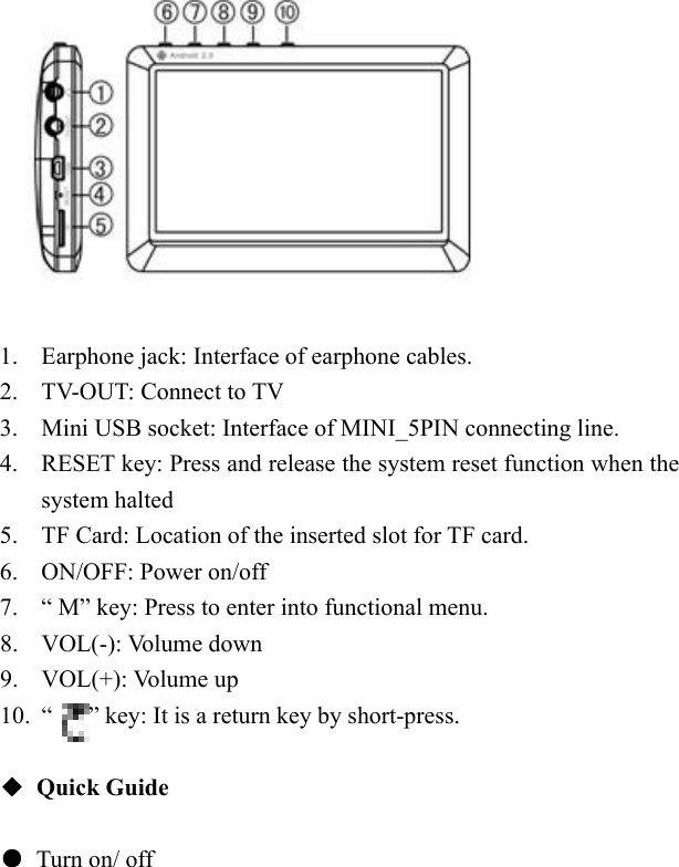     1. Earphone jack: Interface of earphone cables. 2. TV-OUT: Connect to TV   3. Mini USB socket: Interface of MINI_5PIN connecting line. 4. RESET key: Press and release the system reset function when the system halted 5. TF Card: Location of the inserted slot for TF card. 6. ON/OFF: Power on/off 7. &ldquo; M&rdquo; key: Press to enter into functional menu. 8. VOL(-): Volume down 9. VOL(+): Volume up 10. &ldquo;      &rdquo; key: It is a return key by short-press.  ◆ Quick Guide  ● Turn on/ off 
