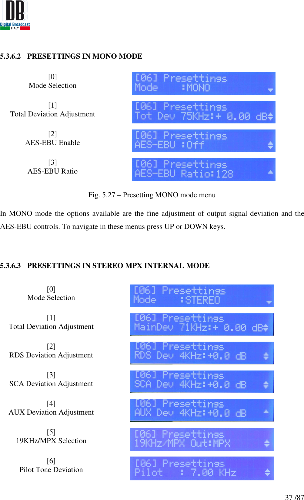   37 /87 5.3.6.2 PRESETTINGS IN MONO MODE   [0] Mode Selection    [1] Total Deviation Adjustment    [2] AES-EBU Enable    [3] AES-EBU Ratio     Fig. 5.27 – Presetting MONO mode menu  In MONO mode  the options available are the fine adjustment of output signal deviation and the AES-EBU controls. To navigate in these menus press UP or DOWN keys.   5.3.6.3 PRESETTINGS IN STEREO MPX INTERNAL MODE   [0] Mode Selection    [1] Total Deviation Adjustment    [2] RDS Deviation Adjustment    [3] SCA Deviation Adjustment    [4] AUX Deviation Adjustment    [5] 19KHz/MPX Selection    [6] Pilot Tone Deviation  