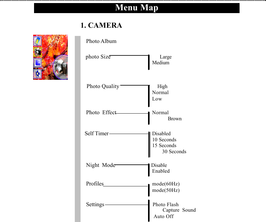 Menu Map    1. CAMERA  Photo Album  photo Size             Large       Medium         Photo Quality          High       Normal       Low                 Photo Effect             Normal                                    Brown      Self Timer Disabled  10 Seconds  15 Seconds                     30 Seconds               Night Mode             Disable                          Enabled      Profiles                 mode(60Hz)                          mode(50Hz)      Settings                 Photo Flash                                Capture Sound Auto Off        