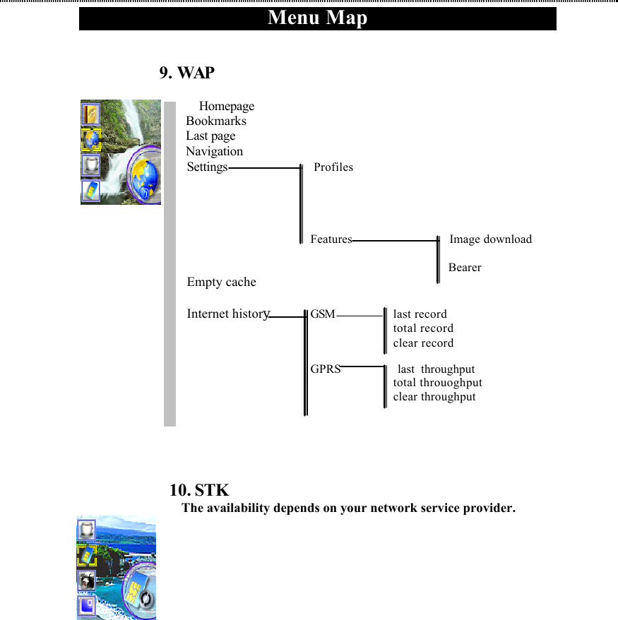 Menu Map      9. WAP                      Homepage  Bookmarks  Last page  Navigation                 Settings              Profiles                                       Features   Image download                Bearer                     Empty cache    Internet history GSM   last record       total record       clear record      GPRS         last throughput       total throuoghput       clear throughput     10. STK  The availability depends on your network service provider.  