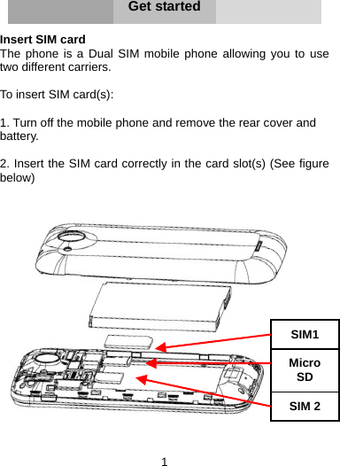 1     Get started  Insert SIM card   The phone is a Dual SIM mobile phone allowing you to use two different carriers.    To insert SIM card(s):  1. Turn off the mobile phone and remove the rear cover and   battery.  2. Insert the SIM card correctly in the card slot(s) (See figure below)   Micro SDSIM1SIM 2