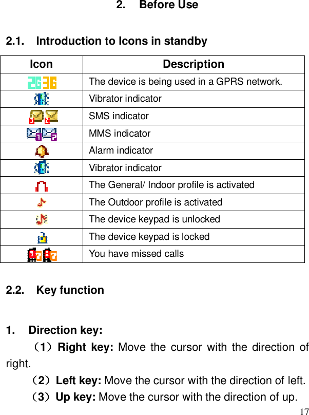  172. Before Use 2.1. Introduction to Icons in standby         Icon  Description  The device is being used in a GPRS network.  Vibrator indicator  SMS indicator  MMS indicator  Alarm indicator  Vibrator indicator  The General/ Indoor profile is activated  The Outdoor profile is activated  The device keypad is unlocked  The device keypad is locked  You have missed calls 2.2. Key function  1. Direction key:   （1）Right key: Move the cursor with the direction of right. （2）Left key: Move the cursor with the direction of left.  （3）Up key: Move the cursor with the direction of up. 