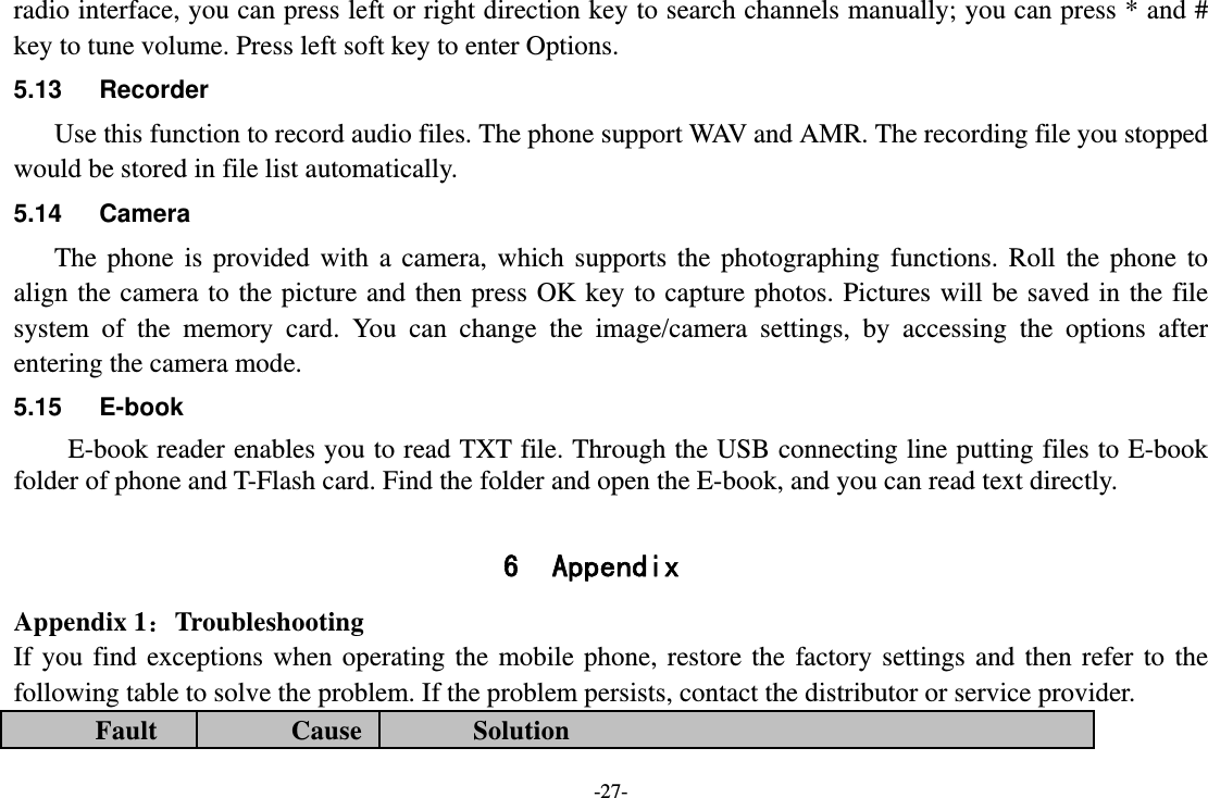-27- radio interface, you can press left or right direction key to search channels manually; you can press * and # key to tune volume. Press left soft key to enter Options. 5.13 Recorder Use this function to record audio files. The phone support WAV and AMR. The recording file you stopped would be stored in file list automatically. 5.14 Camera The phone is provided with a camera, which supports the photographing functions. Roll the phone to align the camera to the picture and then press OK key to capture photos. Pictures will be saved in the file system of the memory card. You can change the image/camera settings, by accessing the options after entering the camera mode. 5.15 E-book  E-book reader enables you to read TXT file. Through the USB connecting line putting files to E-book folder of phone and T-Flash card. Find the folder and open the E-book, and you can read text directly.  6 Appendix Appendix 1：Troubleshooting If you find exceptions when operating the mobile phone, restore the factory settings and then refer to the following table to solve the problem. If the problem persists, contact the distributor or service provider. Fault  Cause  Solution 