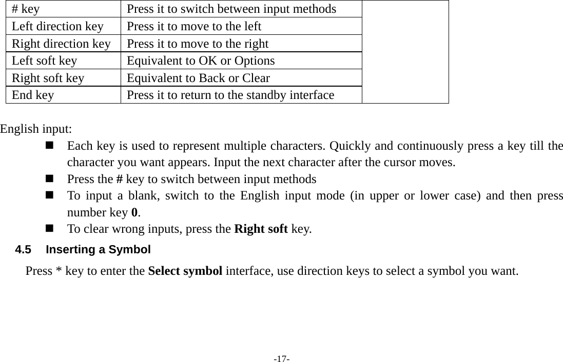  -17- # key  Press it to switch between input methods Left direction key  Press it to move to the left Right direction key  Press it to move to the right Left soft key  Equivalent to OK or Options Right soft key  Equivalent to Back or Clear End key  Press it to return to the standby interface  English input:  Each key is used to represent multiple characters. Quickly and continuously press a key till the character you want appears. Input the next character after the cursor moves.  Press the # key to switch between input methods  To input a blank, switch to the English input mode (in upper or lower case) and then press number key 0.  To clear wrong inputs, press the Right soft key. 4.5  Inserting a Symbol Press * key to enter the Select symbol interface, use direction keys to select a symbol you want. 
