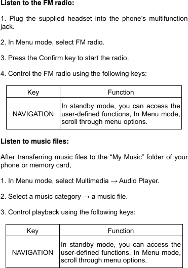  Listen to the FM radio:  1. Plug the supplied headset into the phone’s multifunction jack.  2. In Menu mode, select FM radio.  3. Press the Confirm key to start the radio.  4. Control the FM radio using the following keys:  Key Function NAVIGATIONIn standby mode, you can access the user-defined functions, In Menu mode, scroll through menu options.  Listen to music files:  After transferring music files to the “My Music” folder of your phone or memory card,  1. In Menu mode, select Multimedia → Audio Player.  2. Select a music category → a music file.  3. Control playback using the following keys:  Key Function NAVIGATIONIn standby mode, you can access the user-defined functions, In Menu mode, scroll through menu options. 