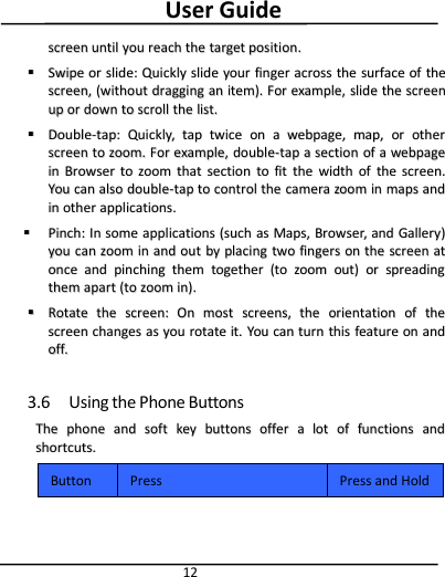 User Guide12screenscreen untiluntil youyou reachreach thethe targettarget position.position.SwipeSwipe oror slide:slide: QuicklyQuickly slideslide youryour fingerfinger acrossacross thethe surfacesurface ofof thethescreen,screen, (without(without draggingdragging anan item).item). ForFor example,example, slideslide thethe screenscreenupup oror downdown toto scrollscroll thethe list.list.Double-tap:Double-tap: Quickly,Quickly, taptap twicetwice onon aawebpage,webpage, map,map, oror otherotherscreenscreen toto zoom.zoom. ForFor example,example, double-tapdouble-tap aasectionsection ofof aawebpagewebpageinin BrowserBrowser toto zoomzoom thatthat sectionsection toto fitfit thethe widthwidth ofof thethe screen.screen.YouYou cancan alsoalso double-tapdouble-tap toto controlcontrol thethe cameracamera zoomzoom inin mapsmaps andandinin otherother applications.applications.Pinch:Pinch: InIn somesome applicationsapplications (such(such asas Maps,Maps, Browser,Browser, andand Gallery)Gallery)youyou cancan zoomzoom inin andand outout byby placingplacing twotwo fingersfingers onon thethe screenscreen atatonceonce andand pinchingpinching themthem togethertogether (to(to zoomzoom out)out) oror spreadingspreadingthemthem apartapart (to(to zoomzoom in).in).RotateRotate thethe screen:screen: OnOn mostmost screens,screens, thethe orientationorientation ofof thethescreenscreen changeschanges asas youyou rotaterotate it.it. YouYou cancan turnturn thisthis featurefeature onon andandoff.off.3.6 Using the Phone ButtonsTheThe phonephone andand softsoft keykey buttonsbuttons offeroffer aalotlot ofof functionsfunctions andandshortcuts.shortcuts.Button Press Press and Hold