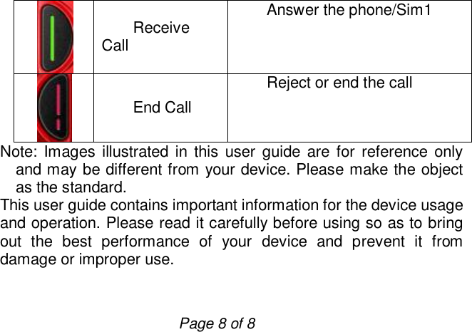                         Page 8 of 8  Receive Call  Answer the phone/Sim1   End Call Reject or end the call Note: Images illustrated in this user guide are for reference only and may be different from your device. Please make the object as the standard.  This user guide contains important information for the device usage and operation. Please read it carefully before using so as to bring out the best performance of your device and prevent it from damage or improper use.   