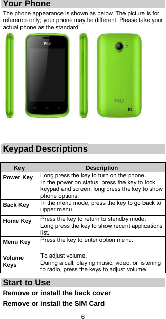 6 Your Phone The phone appearance is shown as below. The picture is for reference only; your phone may be different. Please take your actual phone as the standard.    Keypad Descriptions  Key  Description Power Key Long press the key to turn on the phone. In the power on status, press the key to lock keypad and screen; long press the key to show phone options. Back Key  In the menu mode, press the key to go back to upper menu. Home Key Press the key to return to standby mode. Long press the key to show recent applications list. Menu Key  Press the key to enter option menu.   Volume Keys To adjust volume. During a call, playing music, video, or listening to radio, press the keys to adjust volume. Start to Use Remove or install the back cover Remove or install the SIM Card 