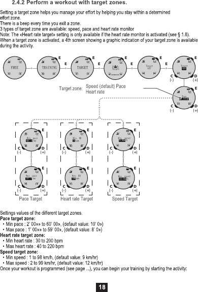 ED(+)C(-)ED(+)C(-)ED(+)C(-)ED(+)C(-)ED(+)C(-)ED(+)C(-)EEEEEEEEED(+)C(-)ED(+)C(-)FREE TRAINING TARGETMin. HR70bpmMax. HR180bpmMin. pace0＇00＇＇/kmMax. pace0＇00＇＇/kmMin. speed9.0km/hTypeHR targetTargetOFFTargetOFFMax. speed12.0km/hTarget
