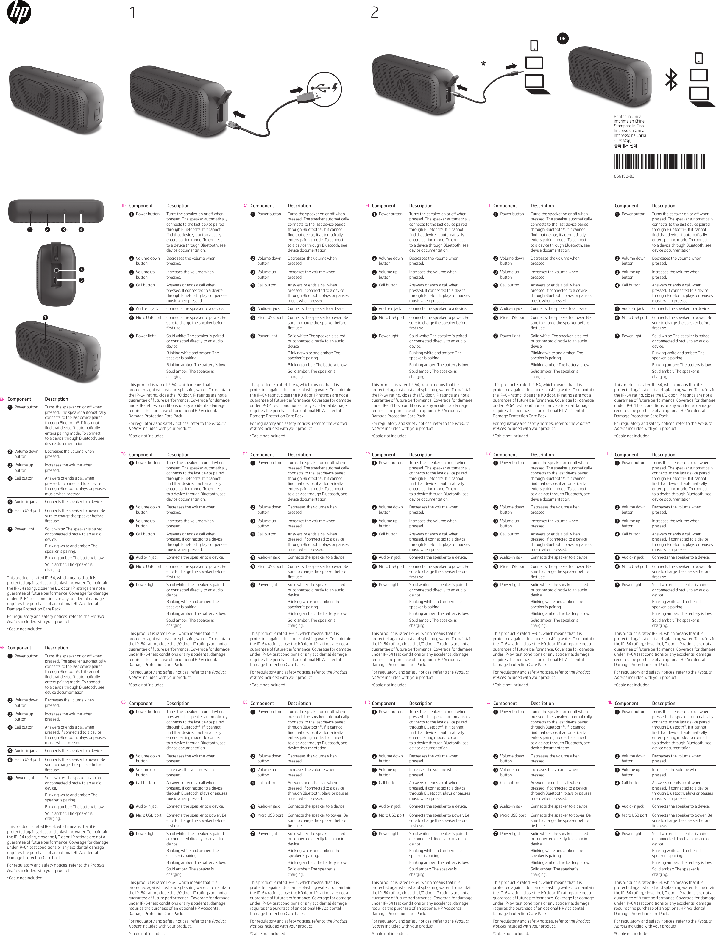 *12Component Description1Power button Turns the speaker on or o when pressed. The speaker automatically connects to the last device paired through Bluetooth®. If it cannot nd that device, it automatically enters pairing mode. To connect to a device through Bluetooth, see device documentation.2Volume down buttonDecreases the volume when pressed.3Volume up buttonIncreases the volume when pressed.4Call button Answers or ends a call when pressed. If connected to a device through Bluetooth, plays or pauses music when pressed.5Audio-in jack Connects the speaker to a device.6Micro USB port Connects the speaker to power. Be sure to charge the speaker before rst use.7Power light Solid white: The speaker is paired or connected directly to an audio device.Blinking white and amber: The speaker is pairing.Blinking amber: The battery is low.Solid amber: The speaker is charging.This product is rated IP-64, which means that it is protected against dust and splashing water. To maintain the IP-64 rating, close the I/O door. IP ratings are not a guarantee of future performance. Coverage for damage under IP-64 test conditions or any accidental damage requires the purchase of an optional HP Accidental Damage Protection Care Pack.For regulatory and safety notices, refer to the Product Notices included with your product. *Cable not included.Component Description1Power button Turns the speaker on or o when pressed. The speaker automatically connects to the last device paired through Bluetooth®. If it cannot nd that device, it automatically enters pairing mode. To connect to a device through Bluetooth, see device documentation.2Volume down buttonDecreases the volume when pressed.3Volume up buttonIncreases the volume when pressed.4Call button Answers or ends a call when pressed. If connected to a device through Bluetooth, plays or pauses music when pressed.5Audio-in jack Connects the speaker to a device.6Micro USB port Connects the speaker to power. Be sure to charge the speaker before rst use.7Power light Solid white: The speaker is paired or connected directly to an audio device.Blinking white and amber: The speaker is pairing.Blinking amber: The battery is low.Solid amber: The speaker is charging.This product is rated IP-64, which means that it is protected against dust and splashing water. To maintain the IP-64 rating, close the I/O door. IP ratings are not a guarantee of future performance. Coverage for damage under IP-64 test conditions or any accidental damage requires the purchase of an optional HP Accidental Damage Protection Care Pack.For regulatory and safety notices, refer to the Product Notices included with your product. *Cable not included.Component Description1Power button Turns the speaker on or o when pressed. The speaker automatically connects to the last device paired through Bluetooth®. If it cannot nd that device, it automatically enters pairing mode. To connect to a device through Bluetooth, see device documentation.2Volume down buttonDecreases the volume when pressed.3Volume up buttonIncreases the volume when pressed.4Call button Answers or ends a call when pressed. If connected to a device through Bluetooth, plays or pauses music when pressed.5Audio-in jack Connects the speaker to a device.6Micro USB port Connects the speaker to power. Be sure to charge the speaker before rst use.7Power light Solid white: The speaker is paired or connected directly to an audio device.Blinking white and amber: The speaker is pairing.Blinking amber: The battery is low.Solid amber: The speaker is charging.This product is rated IP-64, which means that it is protected against dust and splashing water. To maintain the IP-64 rating, close the I/O door. IP ratings are not a guarantee of future performance. Coverage for damage under IP-64 test conditions or any accidental damage requires the purchase of an optional HP Accidental Damage Protection Care Pack.For regulatory and safety notices, refer to the Product Notices included with your product. *Cable not included.Component Description1Power button Turns the speaker on or o when pressed. The speaker automatically connects to the last device paired through Bluetooth®. If it cannot nd that device, it automatically enters pairing mode. To connect to a device through Bluetooth, see device documentation.2Volume down buttonDecreases the volume when pressed.3Volume up buttonIncreases the volume when pressed.4Call button Answers or ends a call when pressed. If connected to a device through Bluetooth, plays or pauses music when pressed.5Audio-in jack Connects the speaker to a device.6Micro USB port Connects the speaker to power. Be sure to charge the speaker before rst use.7Power light Solid white: The speaker is paired or connected directly to an audio device.Blinking white and amber: The speaker is pairing.Blinking amber: The battery is low.Solid amber: The speaker is charging.This product is rated IP-64, which means that it is protected against dust and splashing water. To maintain the IP-64 rating, close the I/O door. IP ratings are not a guarantee of future performance. Coverage for damage under IP-64 test conditions or any accidental damage requires the purchase of an optional HP Accidental Damage Protection Care Pack.For regulatory and safety notices, refer to the Product Notices included with your product. *Cable not included.Component Description1Power button Turns the speaker on or o when pressed. The speaker automatically connects to the last device paired through Bluetooth®. If it cannot nd that device, it automatically enters pairing mode. To connect to a device through Bluetooth, see device documentation.2Volume down buttonDecreases the volume when pressed.3Volume up buttonIncreases the volume when pressed.4Call button Answers or ends a call when pressed. If connected to a device through Bluetooth, plays or pauses music when pressed.5Audio-in jack Connects the speaker to a device.6Micro USB port Connects the speaker to power. Be sure to charge the speaker before rst use.7Power light Solid white: The speaker is paired or connected directly to an audio device.Blinking white and amber: The speaker is pairing.Blinking amber: The battery is low.Solid amber: The speaker is charging.This product is rated IP-64, which means that it is protected against dust and splashing water. To maintain the IP-64 rating, close the I/O door. IP ratings are not a guarantee of future performance. Coverage for damage under IP-64 test conditions or any accidental damage requires the purchase of an optional HP Accidental Damage Protection Care Pack.For regulatory and safety notices, refer to the Product Notices included with your product. *Cable not included.Component Description1Power button Turns the speaker on or o when pressed. The speaker automatically connects to the last device paired through Bluetooth®. If it cannot nd that device, it automatically enters pairing mode. To connect to a device through Bluetooth, see device documentation.2Volume down buttonDecreases the volume when pressed.3Volume up buttonIncreases the volume when pressed.4Call button Answers or ends a call when pressed. If connected to a device through Bluetooth, plays or pauses music when pressed.5Audio-in jack Connects the speaker to a device.6Micro USB port Connects the speaker to power. Be sure to charge the speaker before rst use.7Power light Solid white: The speaker is paired or connected directly to an audio device.Blinking white and amber: The speaker is pairing.Blinking amber: The battery is low.Solid amber: The speaker is charging.This product is rated IP-64, which means that it is protected against dust and splashing water. To maintain the IP-64 rating, close the I/O door. IP ratings are not a guarantee of future performance. Coverage for damage under IP-64 test conditions or any accidental damage requires the purchase of an optional HP Accidental Damage Protection Care Pack.For regulatory and safety notices, refer to the Product Notices included with your product. *Cable not included.Component Description1Power button Turns the speaker on or o when pressed. The speaker automatically connects to the last device paired through Bluetooth®. If it cannot nd that device, it automatically enters pairing mode. To connect to a device through Bluetooth, see device documentation.2Volume down buttonDecreases the volume when pressed.3Volume up buttonIncreases the volume when pressed.4Call button Answers or ends a call when pressed. If connected to a device through Bluetooth, plays or pauses music when pressed.5Audio-in jack Connects the speaker to a device.6Micro USB port Connects the speaker to power. Be sure to charge the speaker before rst use.7Power light Solid white: The speaker is paired or connected directly to an audio device.Blinking white and amber: The speaker is pairing.Blinking amber: The battery is low.Solid amber: The speaker is charging.This product is rated IP-64, which means that it is protected against dust and splashing water. To maintain the IP-64 rating, close the I/O door. IP ratings are not a guarantee of future performance. Coverage for damage under IP-64 test conditions or any accidental damage requires the purchase of an optional HP Accidental Damage Protection Care Pack.For regulatory and safety notices, refer to the Product Notices included with your product. *Cable not included.Component Description1Power button Turns the speaker on or o when pressed. The speaker automatically connects to the last device paired through Bluetooth®. If it cannot nd that device, it automatically enters pairing mode. To connect to a device through Bluetooth, see device documentation.2Volume down buttonDecreases the volume when pressed.3Volume up buttonIncreases the volume when pressed.4Call button Answers or ends a call when pressed. If connected to a device through Bluetooth, plays or pauses music when pressed.5Audio-in jack Connects the speaker to a device.6Micro USB port Connects the speaker to power. Be sure to charge the speaker before rst use.7Power light Solid white: The speaker is paired or connected directly to an audio device.Blinking white and amber: The speaker is pairing.Blinking amber: The battery is low.Solid amber: The speaker is charging.This product is rated IP-64, which means that it is protected against dust and splashing water. To maintain the IP-64 rating, close the I/O door. IP ratings are not a guarantee of future performance. Coverage for damage under IP-64 test conditions or any accidental damage requires the purchase of an optional HP Accidental Damage Protection Care Pack.For regulatory and safety notices, refer to the Product Notices included with your product. *Cable not included.Component Description1Power button Turns the speaker on or o when pressed. The speaker automatically connects to the last device paired through Bluetooth®. If it cannot nd that device, it automatically enters pairing mode. To connect to a device through Bluetooth, see device documentation.2Volume down buttonDecreases the volume when pressed.3Volume up buttonIncreases the volume when pressed.4Call button Answers or ends a call when pressed. If connected to a device through Bluetooth, plays or pauses music when pressed.5Audio-in jack Connects the speaker to a device.6Micro USB port Connects the speaker to power. Be sure to charge the speaker before rst use.7Power light Solid white: The speaker is paired or connected directly to an audio device.Blinking white and amber: The speaker is pairing.Blinking amber: The battery is low.Solid amber: The speaker is charging.This product is rated IP-64, which means that it is protected against dust and splashing water. To maintain the IP-64 rating, close the I/O door. IP ratings are not a guarantee of future performance. Coverage for damage under IP-64 test conditions or any accidental damage requires the purchase of an optional HP Accidental Damage Protection Care Pack.For regulatory and safety notices, refer to the Product Notices included with your product. *Cable not included.Component Description1Power button Turns the speaker on or o when pressed. The speaker automatically connects to the last device paired through Bluetooth®. If it cannot nd that device, it automatically enters pairing mode. To connect to a device through Bluetooth, see device documentation.2Volume down buttonDecreases the volume when pressed.3Volume up buttonIncreases the volume when pressed.4Call button Answers or ends a call when pressed. If connected to a device through Bluetooth, plays or pauses music when pressed.5Audio-in jack Connects the speaker to a device.6Micro USB port Connects the speaker to power. Be sure to charge the speaker before rst use.7Power light Solid white: The speaker is paired or connected directly to an audio device.Blinking white and amber: The speaker is pairing.Blinking amber: The battery is low.Solid amber: The speaker is charging.This product is rated IP-64, which means that it is protected against dust and splashing water. To maintain the IP-64 rating, close the I/O door. IP ratings are not a guarantee of future performance. Coverage for damage under IP-64 test conditions or any accidental damage requires the purchase of an optional HP Accidental Damage Protection Care Pack.For regulatory and safety notices, refer to the Product Notices included with your product. *Cable not included.Component Description1Power button Turns the speaker on or o when pressed. The speaker automatically connects to the last device paired through Bluetooth®. If it cannot nd that device, it automatically enters pairing mode. To connect to a device through Bluetooth, see device documentation.2Volume down buttonDecreases the volume when pressed.3Volume up buttonIncreases the volume when pressed.4Call button Answers or ends a call when pressed. If connected to a device through Bluetooth, plays or pauses music when pressed.5Audio-in jack Connects the speaker to a device.6Micro USB port Connects the speaker to power. Be sure to charge the speaker before rst use.7Power light Solid white: The speaker is paired or connected directly to an audio device.Blinking white and amber: The speaker is pairing.Blinking amber: The battery is low.Solid amber: The speaker is charging.This product is rated IP-64, which means that it is protected against dust and splashing water. To maintain the IP-64 rating, close the I/O door. IP ratings are not a guarantee of future performance. Coverage for damage under IP-64 test conditions or any accidental damage requires the purchase of an optional HP Accidental Damage Protection Care Pack.For regulatory and safety notices, refer to the Product Notices included with your product. *Cable not included.Component Description1Power button Turns the speaker on or o when pressed. The speaker automatically connects to the last device paired through Bluetooth®. If it cannot nd that device, it automatically enters pairing mode. To connect to a device through Bluetooth, see device documentation.2Volume down buttonDecreases the volume when pressed.3Volume up buttonIncreases the volume when pressed.4Call button Answers or ends a call when pressed. If connected to a device through Bluetooth, plays or pauses music when pressed.5Audio-in jack Connects the speaker to a device.6Micro USB port Connects the speaker to power. Be sure to charge the speaker before rst use.7Power light Solid white: The speaker is paired or connected directly to an audio device.Blinking white and amber: The speaker is pairing.Blinking amber: The battery is low.Solid amber: The speaker is charging.This product is rated IP-64, which means that it is protected against dust and splashing water. To maintain the IP-64 rating, close the I/O door. IP ratings are not a guarantee of future performance. Coverage for damage under IP-64 test conditions or any accidental damage requires the purchase of an optional HP Accidental Damage Protection Care Pack.For regulatory and safety notices, refer to the Product Notices included with your product. *Cable not included.Component Description1Power button Turns the speaker on or o when pressed. The speaker automatically connects to the last device paired through Bluetooth®. If it cannot nd that device, it automatically enters pairing mode. To connect to a device through Bluetooth, see device documentation.2Volume down buttonDecreases the volume when pressed.3Volume up buttonIncreases the volume when pressed.4Call button Answers or ends a call when pressed. If connected to a device through Bluetooth, plays or pauses music when pressed.5Audio-in jack Connects the speaker to a device.6Micro USB port Connects the speaker to power. Be sure to charge the speaker before rst use.7Power light Solid white: The speaker is paired or connected directly to an audio device.Blinking white and amber: The speaker is pairing.Blinking amber: The battery is low.Solid amber: The speaker is charging.This product is rated IP-64, which means that it is protected against dust and splashing water. To maintain the IP-64 rating, close the I/O door. IP ratings are not a guarantee of future performance. Coverage for damage under IP-64 test conditions or any accidental damage requires the purchase of an optional HP Accidental Damage Protection Care Pack.For regulatory and safety notices, refer to the Product Notices included with your product. *Cable not included.Component Description1Power button Turns the speaker on or o when pressed. The speaker automatically connects to the last device paired through Bluetooth®. If it cannot nd that device, it automatically enters pairing mode. To connect to a device through Bluetooth, see device documentation.2Volume down buttonDecreases the volume when pressed.3Volume up buttonIncreases the volume when pressed.4Call button Answers or ends a call when pressed. If connected to a device through Bluetooth, plays or pauses music when pressed.5Audio-in jack Connects the speaker to a device.6Micro USB port Connects the speaker to power. Be sure to charge the speaker before rst use.7Power light Solid white: The speaker is paired or connected directly to an audio device.Blinking white and amber: The speaker is pairing.Blinking amber: The battery is low.Solid amber: The speaker is charging.This product is rated IP-64, which means that it is protected against dust and splashing water. To maintain the IP-64 rating, close the I/O door. IP ratings are not a guarantee of future performance. Coverage for damage under IP-64 test conditions or any accidental damage requires the purchase of an optional HP Accidental Damage Protection Care Pack.For regulatory and safety notices, refer to the Product Notices included with your product. *Cable not included.Component Description1Power button Turns the speaker on or o when pressed. The speaker automatically connects to the last device paired through Bluetooth®. If it cannot nd that device, it automatically enters pairing mode. To connect to a device through Bluetooth, see device documentation.2Volume down buttonDecreases the volume when pressed.3Volume up buttonIncreases the volume when pressed.4Call button Answers or ends a call when pressed. If connected to a device through Bluetooth, plays or pauses music when pressed.5Audio-in jack Connects the speaker to a device.6Micro USB port Connects the speaker to power. Be sure to charge the speaker before rst use.7Power light Solid white: The speaker is paired or connected directly to an audio device.Blinking white and amber: The speaker is pairing.Blinking amber: The battery is low.Solid amber: The speaker is charging.This product is rated IP-64, which means that it is protected against dust and splashing water. To maintain the IP-64 rating, close the I/O door. IP ratings are not a guarantee of future performance. Coverage for damage under IP-64 test conditions or any accidental damage requires the purchase of an optional HP Accidental Damage Protection Care Pack.For regulatory and safety notices, refer to the Product Notices included with your product. *Cable not included.Component Description1Power button Turns the speaker on or o when pressed. The speaker automatically connects to the last device paired through Bluetooth®. If it cannot nd that device, it automatically enters pairing mode. To connect to a device through Bluetooth, see device documentation.2Volume down buttonDecreases the volume when pressed.3Volume up buttonIncreases the volume when pressed.4Call button Answers or ends a call when pressed. If connected to a device through Bluetooth, plays or pauses music when pressed.5Audio-in jack Connects the speaker to a device.6Micro USB port Connects the speaker to power. Be sure to charge the speaker before rst use.7Power light Solid white: The speaker is paired or connected directly to an audio device.Blinking white and amber: The speaker is pairing.Blinking amber: The battery is low.Solid amber: The speaker is charging.This product is rated IP-64, which means that it is protected against dust and splashing water. To maintain the IP-64 rating, close the I/O door. IP ratings are not a guarantee of future performance. Coverage for damage under IP-64 test conditions or any accidental damage requires the purchase of an optional HP Accidental Damage Protection Care Pack.For regulatory and safety notices, refer to the Product Notices included with your product. *Cable not included.Component Description1Power button Turns the speaker on or o when pressed. The speaker automatically connects to the last device paired through Bluetooth®. If it cannot nd that device, it automatically enters pairing mode. To connect to a device through Bluetooth, see device documentation.2Volume down buttonDecreases the volume when pressed.3Volume up buttonIncreases the volume when pressed.4Call button Answers or ends a call when pressed. If connected to a device through Bluetooth, plays or pauses music when pressed.5Audio-in jack Connects the speaker to a device.6Micro USB port Connects the speaker to power. Be sure to charge the speaker before rst use.7Power light Solid white: The speaker is paired or connected directly to an audio device.Blinking white and amber: The speaker is pairing.Blinking amber: The battery is low.Solid amber: The speaker is charging.This product is rated IP-64, which means that it is protected against dust and splashing water. To maintain the IP-64 rating, close the I/O door. IP ratings are not a guarantee of future performance. Coverage for damage under IP-64 test conditions or any accidental damage requires the purchase of an optional HP Accidental Damage Protection Care Pack.For regulatory and safety notices, refer to the Product Notices included with your product. *Cable not included.866198-B211 2 3 4657ENARIDBGCSDADEESELFRHRITKKLVLTHUNL