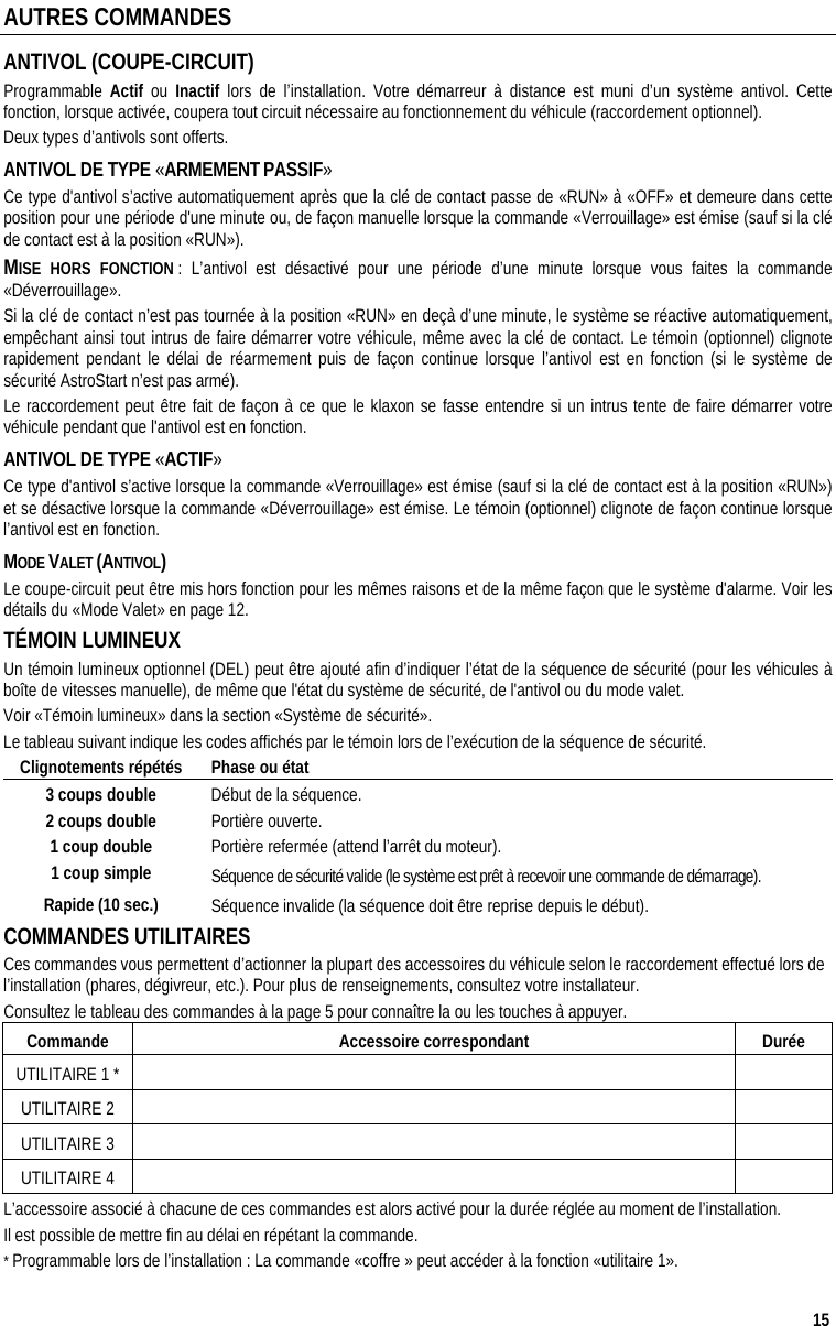  15 AUTRES COMMANDES  ANTIVOL (COUPE-CIRCUIT) Programmable  Actif ou Inactif lors de l’installation. Votre démarreur à distance est muni d’un système antivol. Cette fonction, lorsque activée, coupera tout circuit nécessaire au fonctionnement du véhicule (raccordement optionnel).  Deux types d’antivols sont offerts. ANTIVOL DE TYPE «ARMEMENT PASSIF»  Ce type d&apos;antivol s’active automatiquement après que la clé de contact passe de «RUN» à «OFF» et demeure dans cette position pour une période d&apos;une minute ou, de façon manuelle lorsque la commande «Verrouillage» est émise (sauf si la clé de contact est à la position «RUN»). MISE HORS FONCTION : L’antivol est désactivé pour une période d’une minute lorsque vous faites la commande «Déverrouillage».  Si la clé de contact n’est pas tournée à la position «RUN» en deçà d’une minute, le système se réactive automatiquement, empêchant ainsi tout intrus de faire démarrer votre véhicule, même avec la clé de contact. Le témoin (optionnel) clignote rapidement pendant le délai de réarmement puis de façon continue lorsque l’antivol est en fonction (si le système de sécurité AstroStart n’est pas armé). Le raccordement peut être fait de façon à ce que le klaxon se fasse entendre si un intrus tente de faire démarrer votre véhicule pendant que l&apos;antivol est en fonction. ANTIVOL DE TYPE «ACTIF»  Ce type d&apos;antivol s’active lorsque la commande «Verrouillage» est émise (sauf si la clé de contact est à la position «RUN») et se désactive lorsque la commande «Déverrouillage» est émise. Le témoin (optionnel) clignote de façon continue lorsque l’antivol est en fonction. MODE VALET (ANTIVOL) Le coupe-circuit peut être mis hors fonction pour les mêmes raisons et de la même façon que le système d&apos;alarme. Voir les détails du «Mode Valet» en page 12. TÉMOIN LUMINEUX Un témoin lumineux optionnel (DEL) peut être ajouté afin d’indiquer l’état de la séquence de sécurité (pour les véhicules à boîte de vitesses manuelle), de même que l&apos;état du système de sécurité, de l&apos;antivol ou du mode valet.  Voir «Témoin lumineux» dans la section «Système de sécurité». Le tableau suivant indique les codes affichés par le témoin lors de l’exécution de la séquence de sécurité. Clignotements répétés  Phase ou état 3 coups double  Début de la séquence. 2 coups double  Portière ouverte. 1 coup double  Portière refermée (attend l’arrêt du moteur). 1 coup simple  Séquence de sécurité valide (le système est prêt à recevoir une commande de démarrage). Rapide (10 sec.)  Séquence invalide (la séquence doit être reprise depuis le début). COMMANDES UTILITAIRES Ces commandes vous permettent d’actionner la plupart des accessoires du véhicule selon le raccordement effectué lors de l’installation (phares, dégivreur, etc.). Pour plus de renseignements, consultez votre installateur. Consultez le tableau des commandes à la page 5 pour connaître la ou les touches à appuyer. Commande Accessoire correspondant Durée UTILITAIRE 1 *     UTILITAIRE 2     UTILITAIRE 3     UTILITAIRE 4     L’accessoire associé à chacune de ces commandes est alors activé pour la durée réglée au moment de l’installation. Il est possible de mettre fin au délai en répétant la commande.   * Programmable lors de l’installation : La commande «coffre » peut accéder à la fonction «utilitaire 1». 