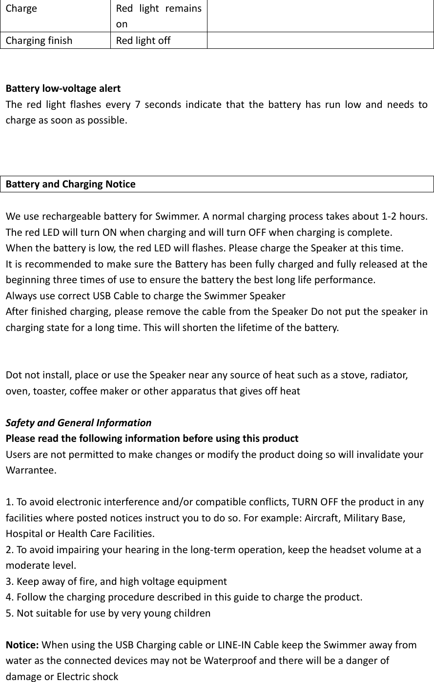 Charge Red  light  remains on  Charging finish Red light off    Battery low-voltage alert The  red  light  flashes  every  7  seconds  indicate  that  the  battery  has  run  low  and  needs  to charge as soon as possible.    Battery and Charging Notice  We use rechargeable battery for Swimmer. A normal charging process takes about 1-2 hours. The red LED will turn ON when charging and will turn OFF when charging is complete. When the battery is low, the red LED will flashes. Please charge the Speaker at this time. It is recommended to make sure the Battery has been fully charged and fully released at the beginning three times of use to ensure the battery the best long life performance. Always use correct USB Cable to charge the Swimmer Speaker After finished charging, please remove the cable from the Speaker Do not put the speaker in charging state for a long time. This will shorten the lifetime of the battery.   Dot not install, place or use the Speaker near any source of heat such as a stove, radiator, oven, toaster, coffee maker or other apparatus that gives off heat    Safety and General Information Please read the following information before using this product Users are not permitted to make changes or modify the product doing so will invalidate your Warrantee.    1. To avoid electronic interference and/or compatible conflicts, TURN OFF the product in any facilities where posted notices instruct you to do so. For example: Aircraft, Military Base, Hospital or Health Care Facilities. 2. To avoid impairing your hearing in the long-term operation, keep the headset volume at a moderate level. 3. Keep away of fire, and high voltage equipment 4. Follow the charging procedure described in this guide to charge the product. 5. Not suitable for use by very young children  Notice: When using the USB Charging cable or LINE-IN Cable keep the Swimmer away from water as the connected devices may not be Waterproof and there will be a danger of damage or Electric shock  