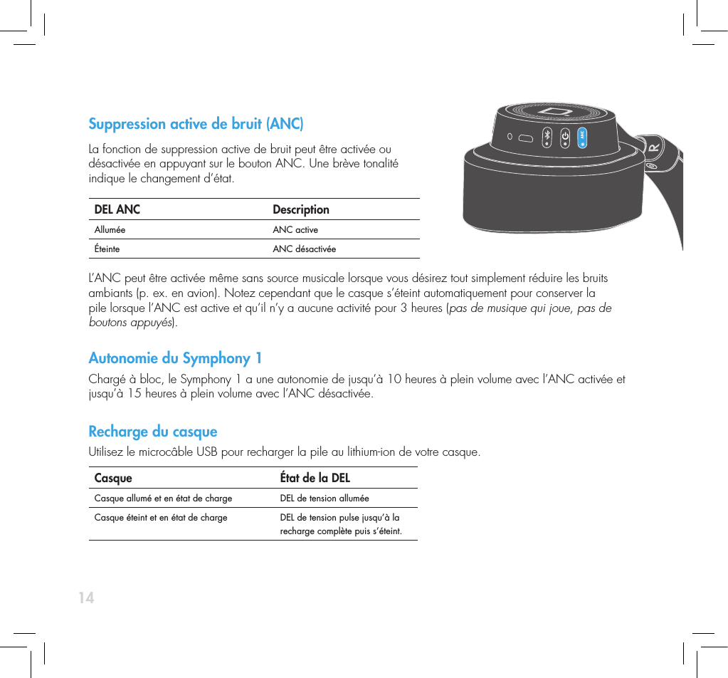 14Suppression active de bruit (ANC) La fonction de suppression active de bruit peut &ecirc;tre activ&eacute;e ou  d&eacute;sactiv&eacute;e en appuyant sur le bouton ANC. Une br&egrave;ve tonalit&eacute;  indique le changement d&rsquo;&eacute;tat. DEL ANC DescriptionAllum&eacute;e ANC active&Eacute;teinte ANC d&eacute;sactiv&eacute;e L&rsquo;ANC peut &ecirc;tre activ&eacute;e m&ecirc;me sans source musicale lorsque vous d&eacute;sirez tout simplement r&eacute;duire les bruits ambiants (p. ex. en avion). Notez cependant que le casque s&rsquo;&eacute;teint automatiquement pour conserver la  pile lorsque l&rsquo;ANC est active et qu&rsquo;il n&rsquo;y a aucune activit&eacute; pour 3 heures (pas de musique qui joue, pas de boutons appuy&eacute;s).Autonomie du Symphony 1Charg&eacute; &agrave; bloc, le Symphony 1 a une autonomie de jusqu&rsquo;&agrave; 10 heures &agrave; plein volume avec l&rsquo;ANC activ&eacute;e et jusqu&rsquo;&agrave; 15 heures &agrave; plein volume avec l&rsquo;ANC d&eacute;sactiv&eacute;e. Recharge du casqueUtilisez le microc&acirc;ble USB pour recharger la pile au lithium-ion de votre casque.Casque  &Eacute;tat de la DELCasque allum&eacute; et en &eacute;tat de charge DEL de tension allum&eacute;eCasque &eacute;teint et en &eacute;tat de charge DEL de tension pulse jusqu&rsquo;&agrave; la recharge compl&egrave;te puis s&rsquo;&eacute;teint. 