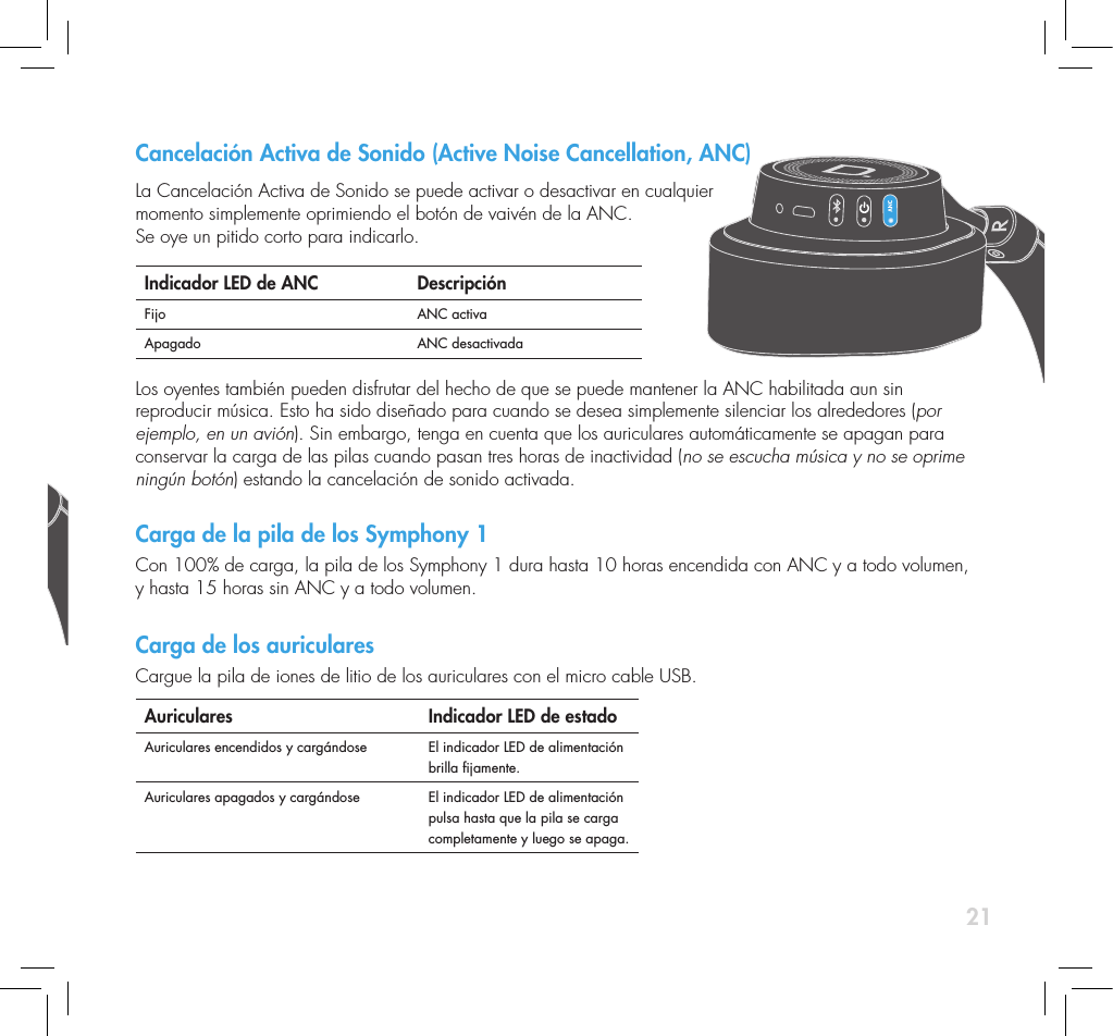 21Cancelaci&oacute;n Activa de Sonido (Active Noise Cancellation, ANC) La Cancelaci&oacute;n Activa de Sonido se puede activar o desactivar en cualquier  momento simplemente oprimiendo el bot&oacute;n de vaiv&eacute;n de la ANC.  Se oye un pitido corto para indicarlo.Indicador LED de ANC Descripci&oacute;nFijo ANC activaApagado ANC desactivada Los oyentes tambi&eacute;n pueden disfrutar del hecho de que se puede mantener la ANC habilitada aun sin reproducir m&uacute;sica. Esto ha sido dise&ntilde;ado para cuando se desea simplemente silenciar los alrededores (por ejemplo, en un avi&oacute;n). Sin embargo, tenga en cuenta que los auriculares autom&aacute;ticamente se apagan para conservar la carga de las pilas cuando pasan tres horas de inactividad (no se escucha m&uacute;sica y no se oprime ning&uacute;n bot&oacute;n) estando la cancelaci&oacute;n de sonido activada. Carga de la pila de los Symphony 1Con 100% de carga, la pila de los Symphony 1 dura hasta 10 horas encendida con ANC y a todo volumen, y hasta 15 horas sin ANC y a todo volumen. Carga de los auricularesCargue la pila de iones de litio de los auriculares con el micro cable USB.Auriculares Indicador LED de estado Auriculares encendidos y carg&aacute;ndose  El indicador LED de alimentaci&oacute;n brilla jamente.Auriculares apagados y carg&aacute;ndose El indicador LED de alimentaci&oacute;n pulsa hasta que la pila se carga completamente y luego se apaga.