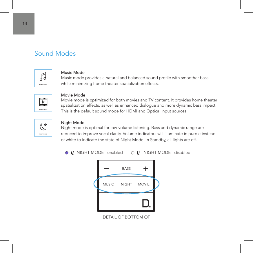 16Music Mode Music mode provides a natural and balanced sound prole with smoother bass while minimizing home theater spatialization effects.  Movie Mode Movie mode is optimized for both movies and TV content. It provides home theater spatialization effects, as well as enhanced dialogue and more dynamic bass impact. This is the default sound mode for HDMI and Optical input sources.  Night Mode Night mode is optimal for low-volume listening. Bass and dynamic range are reduced to improve vocal clarity. Volume indicators will illuminate in purple instead of white to indicate the state of Night Mode. In Standby, all lights are off.NIGHT MODENIGHT MODENIGHT MODESound ModesNIGHT MODE - enabled NIGHT MODE - disabledDETAIL OF BOTTOM OF 