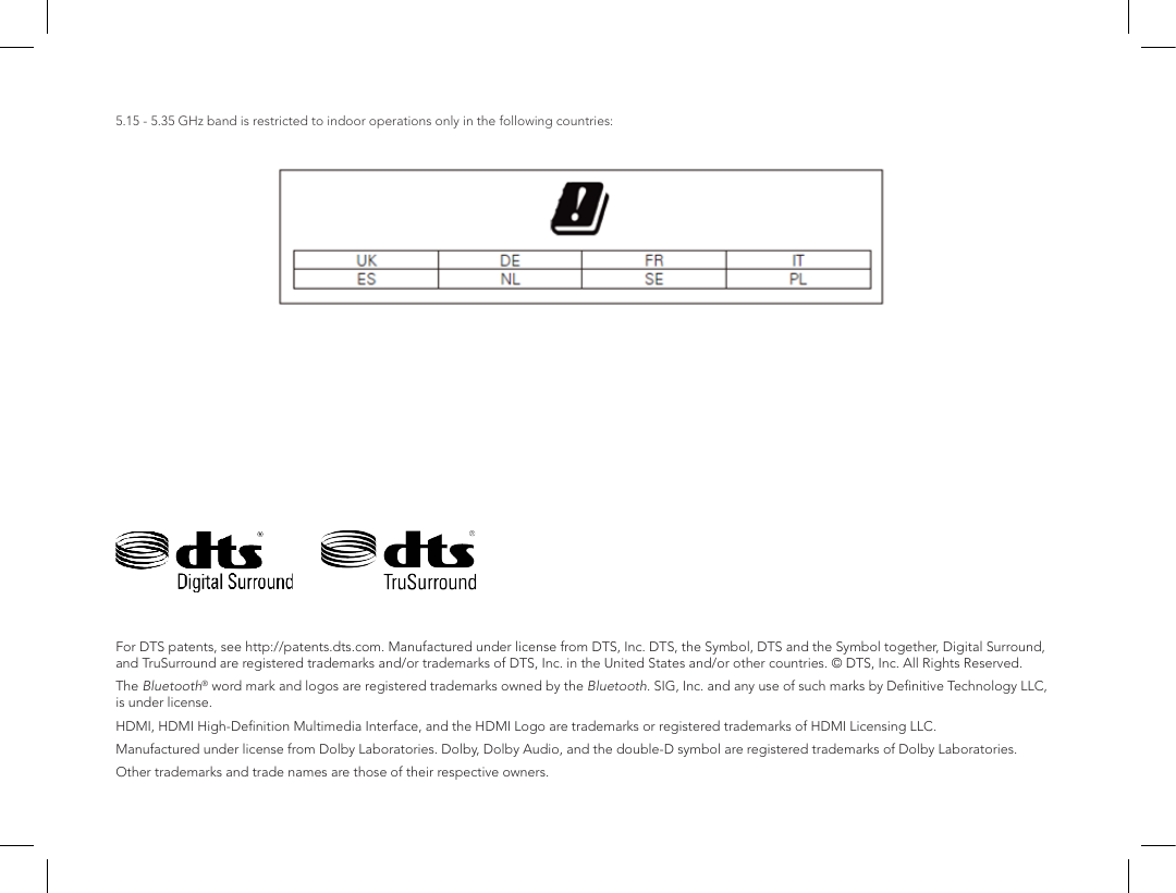 5.15 - 5.35 GHz band is restricted to indoor operations only in the following countries:For DTS patents, see http://patents.dts.com. Manufactured under license from DTS, Inc. DTS, the Symbol, DTS and the Symbol together, Digital Surround, and TruSurround are registered trademarks and/or trademarks of DTS, Inc. in the United States and/or other countries. &copy; DTS, Inc. All Rights Reserved. The Bluetooth&reg; word mark and logos are registered trademarks owned by the Bluetooth. SIG, Inc. and any use of such marks by Deﬁnitive Technology LLC, is under license.HDMI, HDMI High-Deﬁnition Multimedia Interface, and the HDMI Logo are trademarks or registered trademarks of HDMI Licensing LLC.Manufactured under license from Dolby Laboratories. Dolby, Dolby Audio, and the double-D symbol are registered trademarks of Dolby Laboratories.Other trademarks and trade names are those of their respective owners.
