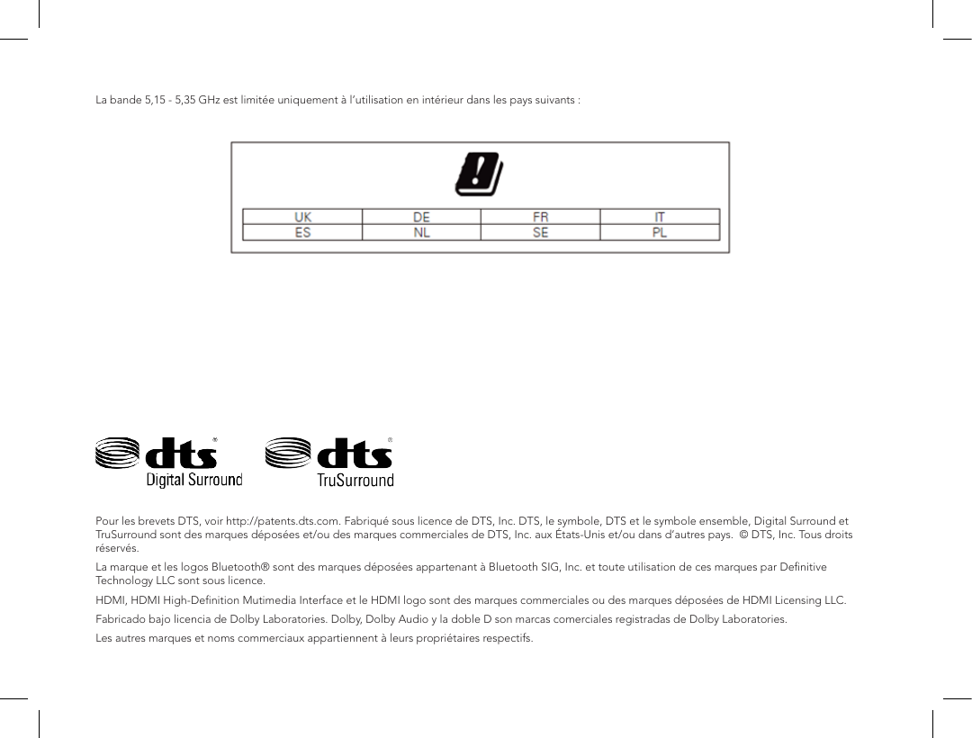 La bande 5,15 - 5,35 GHz est limit&eacute;e uniquement &agrave; l&rsquo;utilisation en int&eacute;rieur dans les pays suivants :Pour les brevets DTS, voir http://patents.dts.com. Fabriqu&eacute; sous licence de DTS, Inc. DTS, le symbole, DTS et le symbole ensemble, Digital Surround et TruSurround sont des marques d&eacute;pos&eacute;es et/ou des marques commerciales de DTS, Inc. aux &Eacute;tats-Unis et/ou dans d&rsquo;autres pays.  &copy; DTS, Inc. Tous droits r&eacute;serv&eacute;s.La marque et les logos Bluetooth&reg; sont des marques d&eacute;pos&eacute;es appartenant &agrave; Bluetooth SIG, Inc. et toute utilisation de ces marques par Deﬁnitive Technology LLC sont sous licence.HDMI, HDMI High-Deﬁnition Mutimedia Interface et le HDMI logo sont des marques commerciales ou des marques d&eacute;pos&eacute;es de HDMI Licensing LLC.Fabricado bajo licencia de Dolby Laboratories. Dolby, Dolby Audio y la doble D son marcas comerciales registradas de Dolby Laboratories.Les autres marques et noms commerciaux appartiennent &agrave; leurs propri&eacute;taires respectifs.