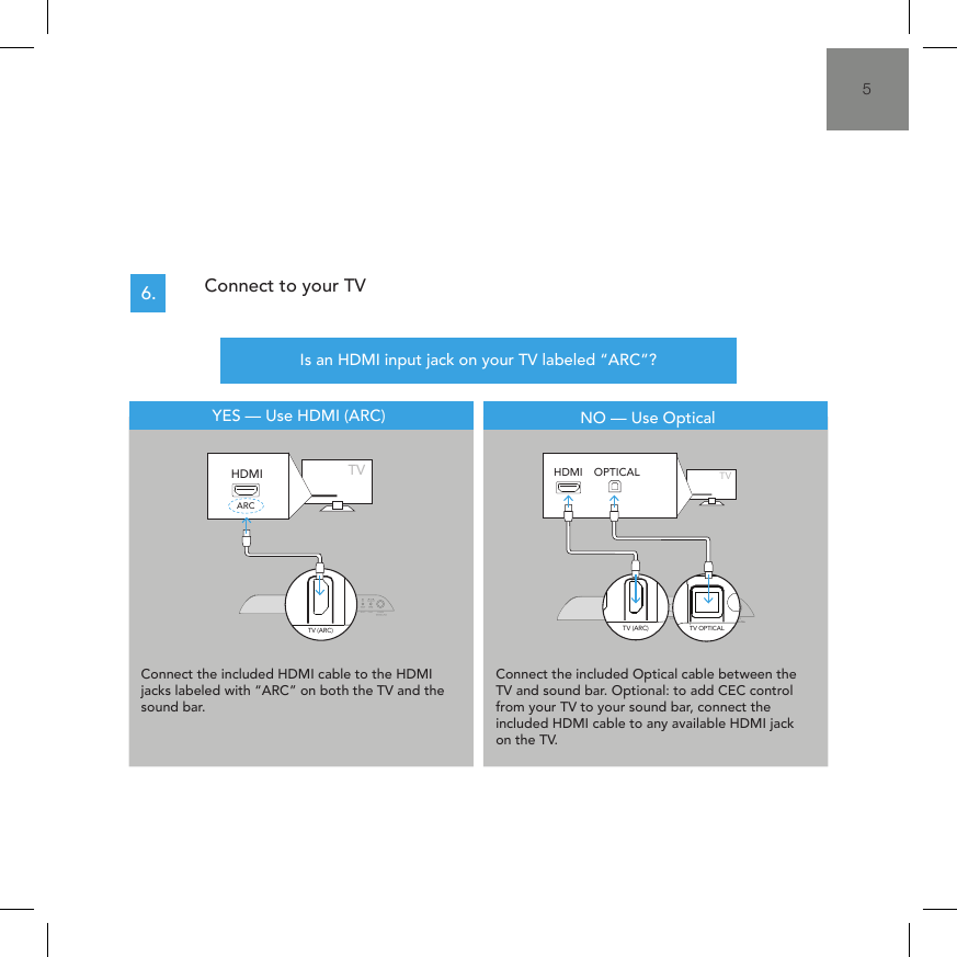5YES &mdash; Use HDMI (ARC) NO &mdash; Use Optical Is an HDMI input jack on your TV labeled &ldquo;ARC&rdquo;?Connect the included HDMI cable to the HDMI jacks labeled with &ldquo;ARC&rdquo; on both the TV and the sound bar.Connect the included Optical cable between the TV and sound bar. Optional: to add CEC control from your TV to your sound bar, connect the included HDMI cable to any available HDMI jack on the TV.Connect to your TV6.TVARCHDMITV OPTICALTV (ARC)AUX NETWORK SERVICE ONLYRESET SYNC POWERTV OPTICALHDMITV OPTICALTV (ARC)HDMI 1 HDMI 2 HDMI 3AUX NETWORK SERVICE ONLYRESET SYNC POWERTV OPTICALTV (ARC)AUX NETWORK SERVICE ONLYRESET SYNC POWERTV OPTICALTV (ARC)HDMI 1 HDMI 2 HDMI 3AUX NETWORKTV OPTICALTV (ARC)HDMI 1 HDMI 2 HDMI 3AUX NETWORKTVARCHDMITV OPTICALTV (ARC)AUX NETWORK SERVICE ONLYRESET SYNC POWERTV OPTICALHDMITV OPTICALTV (ARC)HDMI 1 HDMI 2 HDMI 3AUX NETWORK SERVICE ONLYRESET SYNC POWERTV OPTICALTV (ARC)AUX NETWORK SERVICE ONLYRESET SYNC POWERTV OPTICALTV (ARC)HDMI 1 HDMI 2 HDMI 3AUX NETWORKTV OPTICALTV (ARC)HDMI 1 HDMI 2 HDMI 3AUX NETWORK