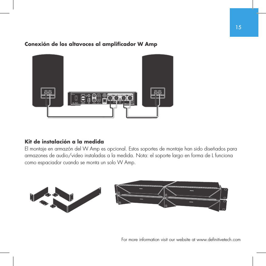 15  For more information visit our website at www.definitivetech.comConexi&oacute;n de los altavoces al amplificador W Amp Kit de instalaci&oacute;n a la medidaEl montaje en armaz&oacute;n del W Amp es opcional. Estos soportes de montaje han sido dise&ntilde;ados para armazones de audio/video instaladas a la medida. Nota: el soporte largo en forma de L funciona como espaciador cuando se monta un solo W Amp. SUB OUT