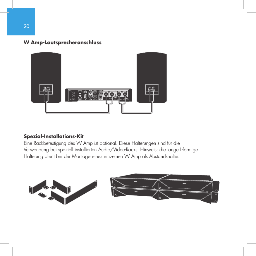 20W Amp-Lautsprecheranschluss Spezial-Installations-KitEine Rackbefestigung des W Amp ist optional. Diese Halterungen sind f&uuml;r die  Verwendung bei speziell installierten Audio/Video-Racks. Hinweis: die lange L-f&ouml;rmige  Halterung dient bei der Montage eines einzelnen W Amp als Abstandshalter. SUB OUT