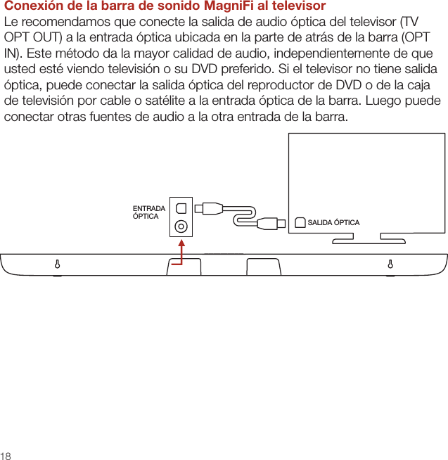 18Conexión de la barra de sonido MagniFi al televisorLe recomendamos que conecte la salida de audio óptica del televisor (TV OPT OUT) a la entrada óptica ubicada en la parte de atrás de la barra (OPT IN). Este método da la mayor calidad de audio, independientemente de que usted esté viendo televisión o su DVD preferido. Si el televisor no tiene salida óptica, puede conectar la salida óptica del reproductor de DVD o de la caja de televisión por cable o satélite a la entrada óptica de la barra. Luego puede conectar otras fuentes de audio a la otra entrada de la barra.ENTRADA ÓPTICA  SALIDA ÓPTICA