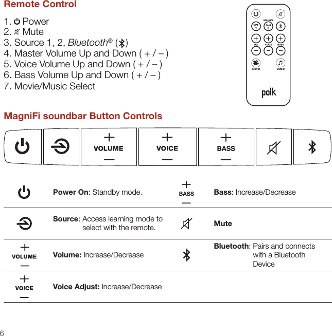 6Remote Control1.    Power  2.    Mute  3. Source 1, 2, Bluetooth® (   )  4. Master Volume Up and Down ( + / – ) 5. Voice Volume Up and Down ( + / – ) 6. Bass Volume Up and Down ( + / – ) 7. Movie/Music Select MagniFi soundbar Button ControlsPower On: Standby mode. Bass: Increase/DecreaseSource:  Access learning mode to select with the remote. MuteVolume: Increase/DecreaseBluetooth:  Pairs and connects with a Bluetooth DeviceVoice Adjust: Increase/Decrease