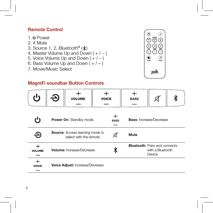 6Remote Control1.    Power  2.    Mute  3. Source 1, 2, Bluetooth® (   )  4. Master Volume Up and Down ( + / – ) 5. Voice Volume Up and Down ( + / – ) 6. Bass Volume Up and Down ( + / – ) 7. Movie/Music Select MagniFi soundbar Button ControlsPower On: Standby mode. Bass: Increase/DecreaseSource:  Access learning mode to select with the remote. MuteVolume: Increase/DecreaseBluetooth:  Pairs and connects with a Bluetooth DeviceVoice Adjust: Increase/Decrease