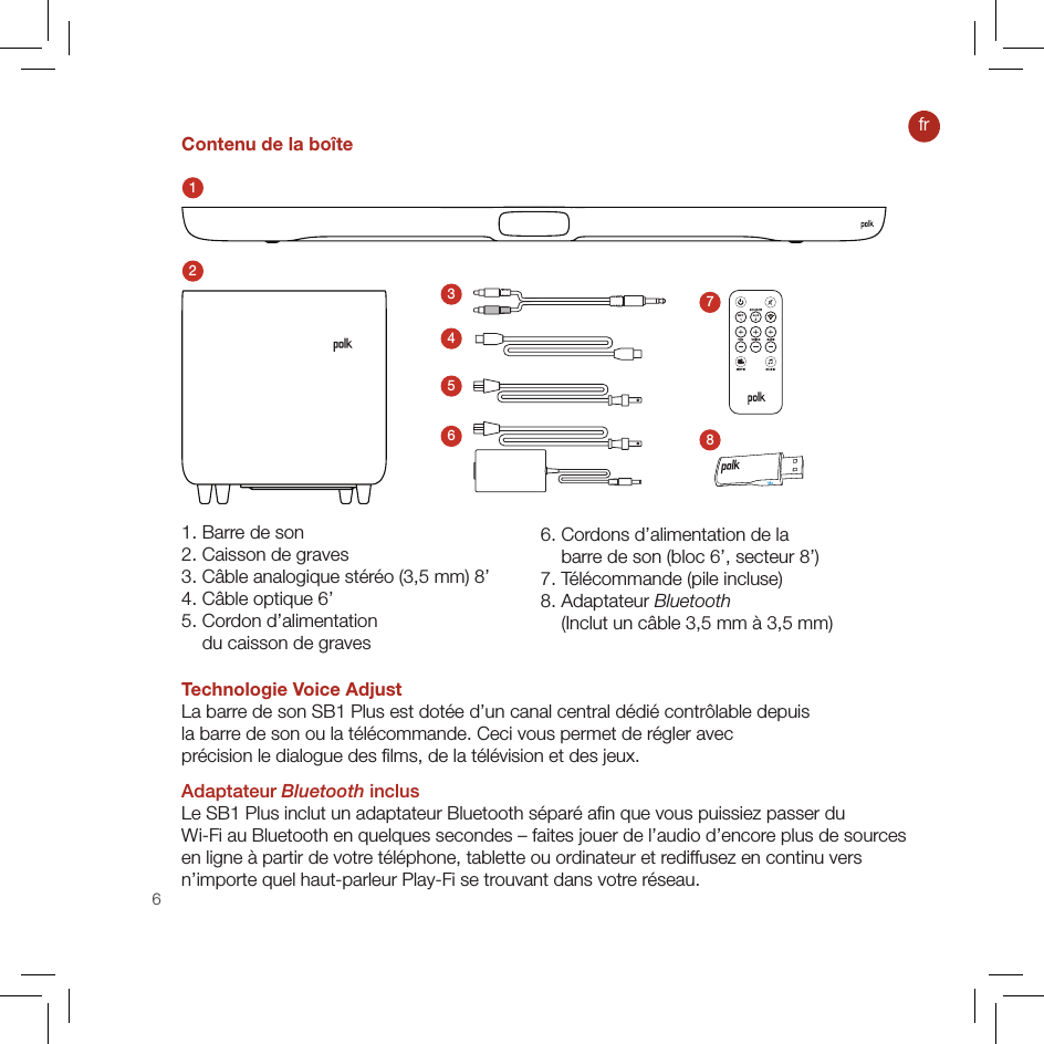 6frContenu de la boîte123456781. Barre de son2. Caisson de graves3. Câble analogique stéréo (3,5 mm) 8’ 4. Câble optique 6’ 5.  Cordon d’alimentation  du caisson de graves Technologie Voice AdjustLa barre de son SB1 Plus est dotée d’un canal central dédié contrôlable depuis  la barre de son ou la télécommande. Ceci vous permet de régler avec  précision le dialogue des ﬁlms, de la télévision et des jeux. Adaptateur Bluetooth inclus Le SB1 Plus inclut un adaptateur Bluetooth séparé aﬁn que vous puissiez passer du  Wi-Fi au Bluetooth en quelques secondes – faites jouer de l’audio d’encore plus de sources  en ligne à partir de votre téléphone, tablette ou ordinateur et rediffusez en continu vers  n’importe quel haut-parleur Play-Fi se trouvant dans votre réseau.6.  Cordons d’alimentation de la  barre de son (bloc 6’, secteur 8’)7. Télécommande (pile incluse)8. Adaptateur Bluetooth     (Inclut un câble 3,5 mm à 3,5 mm)