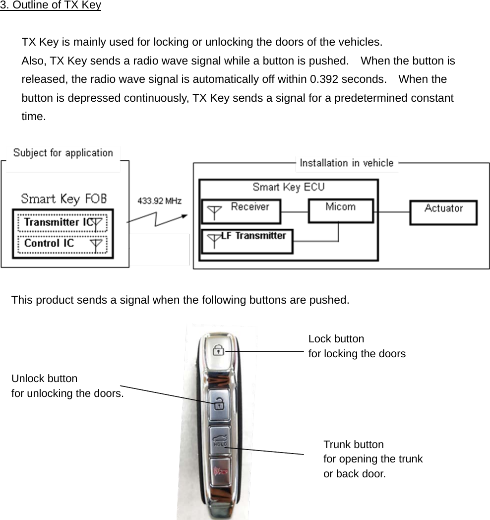 3. Outline of TX Key  TX Key is mainly used for locking or unlocking the doors of the vehicles. Also, TX Key sends a radio wave signal while a button is pushed.    When the button is released, the radio wave signal is automatically off within 0.392 seconds.  When the button is depressed continuously, TX Key sends a signal for a predetermined constant time.    This product sends a signal when the following buttons are pushed.  Trunk button for opening the trunk or back door. Lock button   for locking the doors Unlock button   for unlocking the doors. 