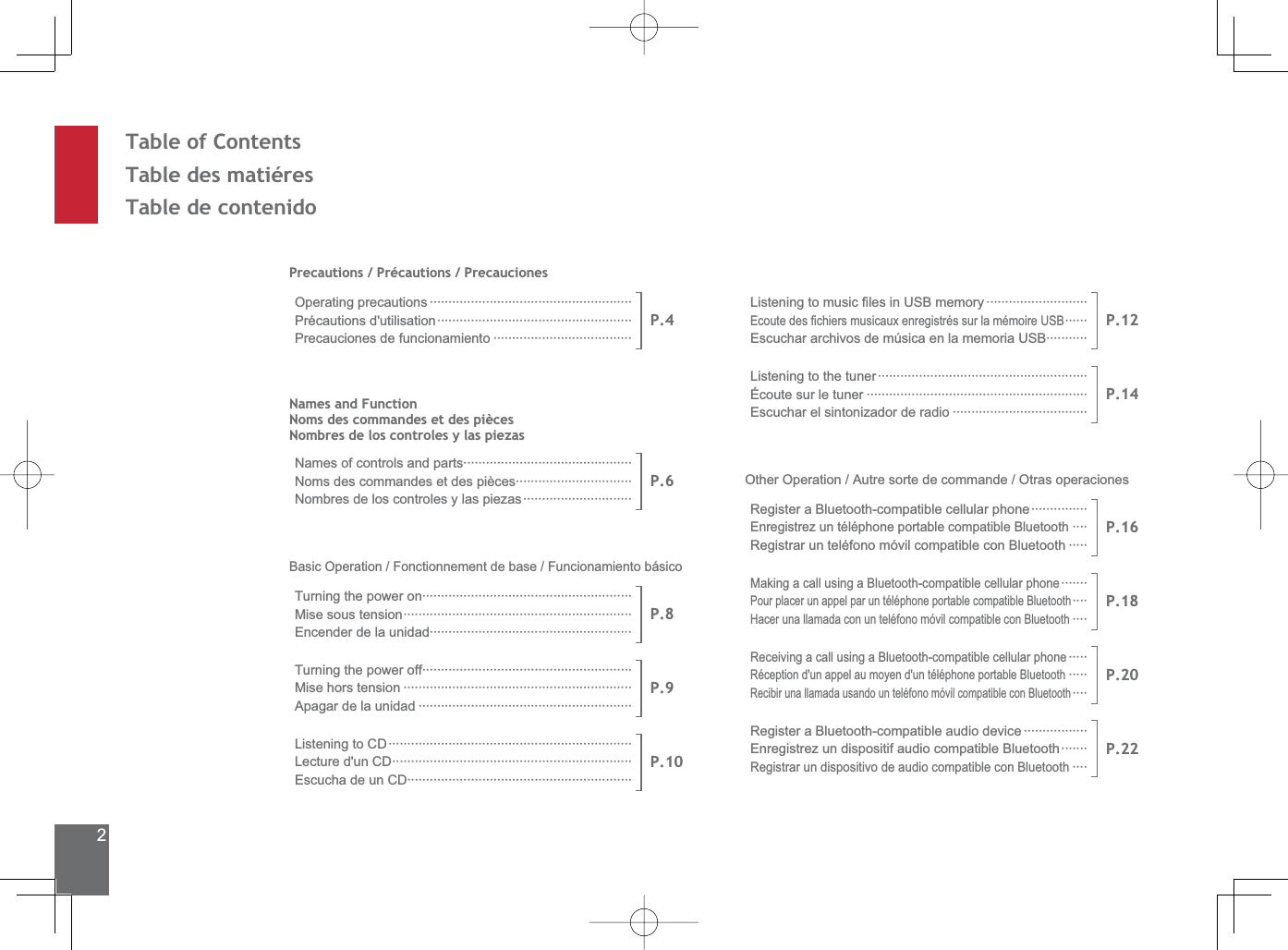 2Table of ContentsTable des matiéresTable de contenidoPrecautions / Précautions / PrecaucionesOperating precautions ······················································Précautions d&apos;utilisation····················································Precauciones de funcionamiento ·····································P.4Names and FunctionNoms des commandes et des piècesNombres de los controles y las piezasNames of controls and parts·············································Noms des commandes et des pièces·······························Nombres de los controles y las piezas·····························P.6Basic Operation / Fonctionnement de base / Funcionamiento básicoTurning the power on························································Mise sous tension·····························································Encender de la unidad······················································P.8Turning the power off························································Mise hors tension ·····························································Apagar de la unidad ·························································P.9Listening to CD·································································Lecture d&apos;un CD································································Escucha de un CD····························································P.10/LVWHQLQJWRPXVLF¿OHVLQ86%PHPRU\ ···························(FRXWHGHV¿FKLHUVPXVLFDX[HQUHJLVWUpVVXUODPpPRLUH86%······(VFXFKDUDUFKLYRVGHP~VLFDHQODPHPRULD86%···········P.12Listening to the tuner························································Écoute sur le tuner ···························································Escuchar el sintonizador de radio ····································P.14Other Operation / Autre sorte de commande / Otras operacionesRegister a Bluetooth-compatible cellular phone···············Enregistrez un téléphone portable compatible Bluetooth····Registrar un teléfono móvil compatible con Bluetooth ·····P.16Making a call using a Bluetooth-compatible cellular phone·······Pour placer un appel par un téléphone portable compatible Bluetooth····Hacer una llamada con un teléfono móvil compatible con Bluetooth····P.18Receiving a call using a Bluetooth-compatible cellular phone·····Réception d&apos;un appel au moyen d&apos;un téléphone portable Bluetooth·····Recibir una llamada usando un teléfono móvil compatible con Bluetooth····P.20Register a Bluetooth-compatible audio device ·················Enregistrez un dispositif audio compatible Bluetooth·······Registrar un dispositivo de audio compatible con Bluetooth····P.22