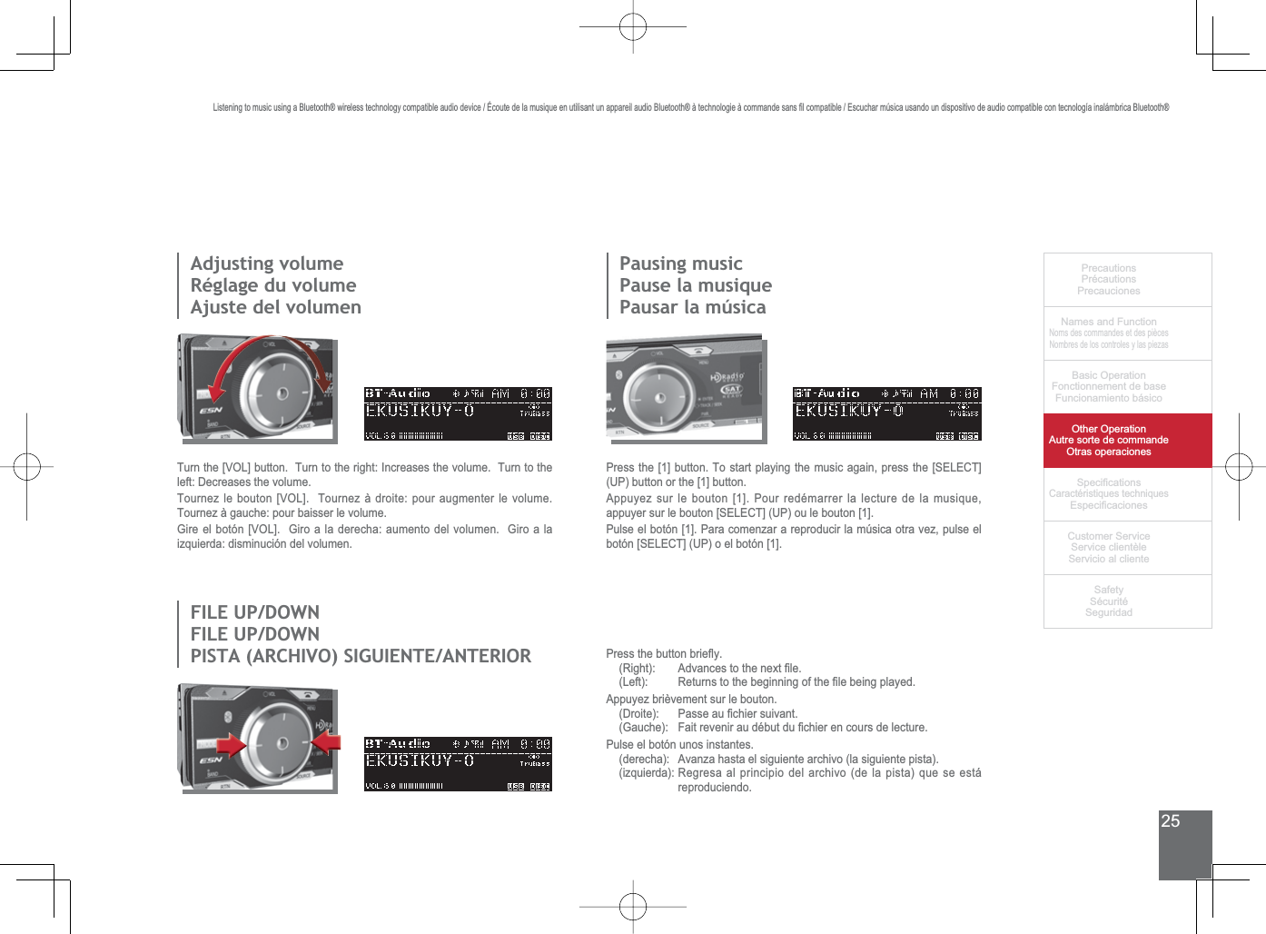 25PrecautionsPrécautionsPrecaucionesNames and FunctionNoms des commandes et des piècesNombres de los controles y las piezasBasic OperationFonctionnement de baseFuncionamiento básicoOther OperationAutre sorte de commandeOtras operaciones6SHFL¿FDWLRQVCaractéristiques techniques (VSHFL¿FDFLRQHV&amp;XVWRPHU6HUYLFH6HUYLFHFOLHQWqOH6HUYLFLRDOFOLHQWH6DIHW\6pFXULWp6HJXULGDG/LVWHQLQJWRPXVLFXVLQJD%OXHWRRWKZLUHOHVVWHFKQRORJ\FRPSDWLEOHDXGLRGHYLFHeFRXWHGHODPXVLTXHHQXWLOLVDQWXQDSSDUHLODXGLR%OXHWRRWKjWHFKQRORJLHjFRPPDQGHVDQV¿OFRPSDWLEOH(VFXFKDUP~VLFDXVDQGRXQGLVSRVLWLYRGHDXGLRFRPSDWLEOHFRQWHFQRORJtDLQDOiPEULFD%OXHWRRWKAdjusting volumeRéglage du volumeAjuste del volumen),/(83&apos;2:1),/(83&apos;2:13,67$$5&amp;+,926,*8,(17($17(5,257XUQWKH&gt;92/@EXWWRQ7XUQWRWKHULJKW,QFUHDVHVWKHYROXPH7XUQWRWKHOHIW&apos;HFUHDVHVWKHYROXPH7RXUQH]OHERXWRQ&gt;92/@7RXUQH]jGURLWHSRXUDXJPHQWHUOHYROXPH7RXUQH]jJDXFKHSRXUEDLVVHUOHYROXPH*LUHHOERWyQ&gt;92/@*LURDODGHUHFKDDXPHQWRGHOYROXPHQ*LURDODL]TXLHUGDGLVPLQXFLyQGHOYROXPHQ3UHVVWKHEXWWRQEULHÀ\5LJKW $GYDQFHVWRWKHQH[W¿OH/HIW 5HWXUQVWRWKHEHJLQQLQJRIWKH¿OHEHLQJSOD\HGAppuyez brièvement sur le bouton.&apos;URLWH 3DVVHDX¿FKLHUVXLYDQW*DXFKH )DLWUHYHQLUDXGpEXWGX¿FKLHUHQFRXUVGHOHFWXUHPulse el botón unos instantes.GHUHFKD $YDQ]DKDVWDHOVLJXLHQWHDUFKLYRODVLJXLHQWHSLVWDL]TXLHUGD5HJUHVDDOSULQFLSLRGHODUFKLYRGHODSLVWDTXHVHHVWireproduciendo.Pausing music3DXVHODPXVLTXH3DXVDUODP~VLFD3UHVVWKH&gt;@EXWWRQ7RVWDUWSOD\LQJWKHPXVLFDJDLQSUHVVWKH&gt;6(/(&amp;7@83EXWWRQRUWKH&gt;@EXWWRQAppuyez sur le bouton [1]. Pour redémarrer la lecture de la musique, DSSX\HUVXUOHERXWRQ&gt;6(/(&amp;7@83RXOHERXWRQ&gt;@Pulse el botón [1]. Para comenzar a reproducir la música otra vez, pulse el ERWyQ&gt;6(/(&amp;7@83RHOERWyQ&gt;@