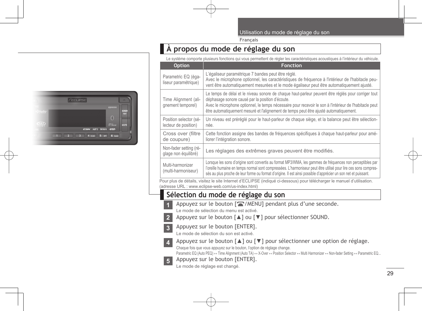 29FrançaisUtilisation du mode de réglage du sonÀ propos du mode de réglage du sonLe système comporte plusieurs fonctions qui vous permettent de régler les caractéristiques acoustiques à l’intérieur du véhicule.Option FonctionParametric EQ (éga-liseur paramétrique)L’égaliseur paramétrique 7 bandes peut être réglé.Avec le microphone optionnel, les caractéristiques de fréquence à l&apos;intérieur de l&apos;habitacle peu-vent être automatiquement mesurées et le mode égaliseur peut être automatiquement ajusté.Time Alignment (ali-gnement temporel)Le temps de délai et le niveau sonore de chaque haut-parleur peuvent être réglés pour corriger tout déphasage sonore causé par la position d’écoute.Avec le microphone optionnel, le temps nécessaire pour recevoir le son à l&apos;intérieur de l&apos;habitacle peut être automatiquement mesuré et l&apos;alignement de temps peut être ajusté automatiquement.Position selector (sé-lecteur de position)Un niveau est préréglé pour le haut-parleur de chaque siège, et la balance peut être sélection-née.Cross over (ﬁ ltre de coupure)Cette fonction assigne des bandes de fréquences spéciﬁ ques à chaque haut-parleur pour amé-liorer l’intégration sonore.Non-fader setting (ré-glage non équilibré)Les réglages des extrêmes graves peuvent être modiﬁ és.Multi-harmonizer (multi-harmoniseur)Lorsque les sons d’origine sont convertis au format MP3/WMA, les gammes de fréquences non perceptibles par l’oreille humaine en temps normal sont compressées. L’harmoniseur peut être utilisé pour lire ces sons compres-sés au plus proche de leur forme ou format d’origine. Il est ainsi possible d’apprécier un son net et puissant.Pour plus de détails, visitez le site Internet d’ECLIPSE (indiqué ci-dessous) pour télécharger le manuel d’utilisation.(adresse URL : www.eclipse-web.com/us-index.html)Sélection du mode de réglage du son1Appuyez sur le bouton [ /MENU] pendant plus d’une seconde.Le mode de sélection du menu est activé.2Appuyez sur le bouton [▲] ou [▼] pour sélectionner SOUND.3Appuyez sur le bouton [ENTER].Le mode de sélection du son est activé.4Appuyez sur le bouton [▲] ou [▼] pour sélectionner une option de réglage.Chaque fois que vous appuyez sur le bouton, l’option de réglage change.Parametric EQ (Auto PEQ) ↔ Time Alignment (Auto TA) ↔ X-Over ↔ Position Selector ↔ Multi Harmonizer ↔ Non-fader Setting ↔ Parametric EQ...5Appuyez sur le bouton [ENTER].Le mode de réglage est changé.