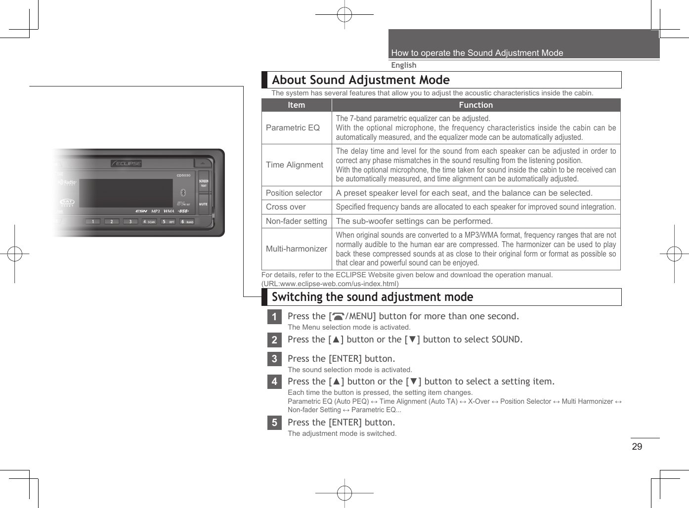 29EnglishHow to operate the Sound Adjustment ModeAbout Sound Adjustment ModeThe system has several features that allow you to adjust the acoustic characteristics inside the cabin.Item FunctionParametric EQThe 7-band parametric equalizer can be adjusted.With the optional microphone, the frequency characteristics inside the cabin can be automatically measured, and the equalizer mode can be automatically adjusted.Time AlignmentThe delay time and level for the sound from each speaker can be adjusted in order to correct any phase mismatches in the sound resulting from the listening position.With the optional microphone, the time taken for sound inside the cabin to be received can be automatically measured, and time alignment can be automatically adjusted.Position selectorA preset speaker level for each seat, and the balance can be selected.Cross overSpeciﬁ ed frequency bands are allocated to each speaker for improved sound integration.Non-fader settingThe sub-woofer settings can be performed.Multi-harmonizerWhen original sounds are converted to a MP3/WMA format, frequency ranges that are not normally audible to the human ear are compressed. The harmonizer can be used to play back these compressed sounds at as close to their original form or format as possible so that clear and powerful sound can be enjoyed.For details, refer to the ECLIPSE Website given below and download the operation manual.(URL:www.eclipse-web.com/us-index.html)Switching the sound adjustment mode1Press the [ /MENU] button for more than one second.The Menu selection mode is activated.2Press the [▲] button or the [▼] button to select SOUND.3Press the [ENTER] button.The sound selection mode is activated.4Press the [▲] button or the [▼] button to select a setting item.Each time the button is pressed, the setting item changes.Parametric EQ (Auto PEQ) ↔ Time Alignment (Auto TA) ↔ X-Over ↔ Position Selector ↔ Multi Harmonizer ↔ Non-fader Setting ↔ Parametric EQ...5Press the [ENTER] button.The adjustment mode is switched.