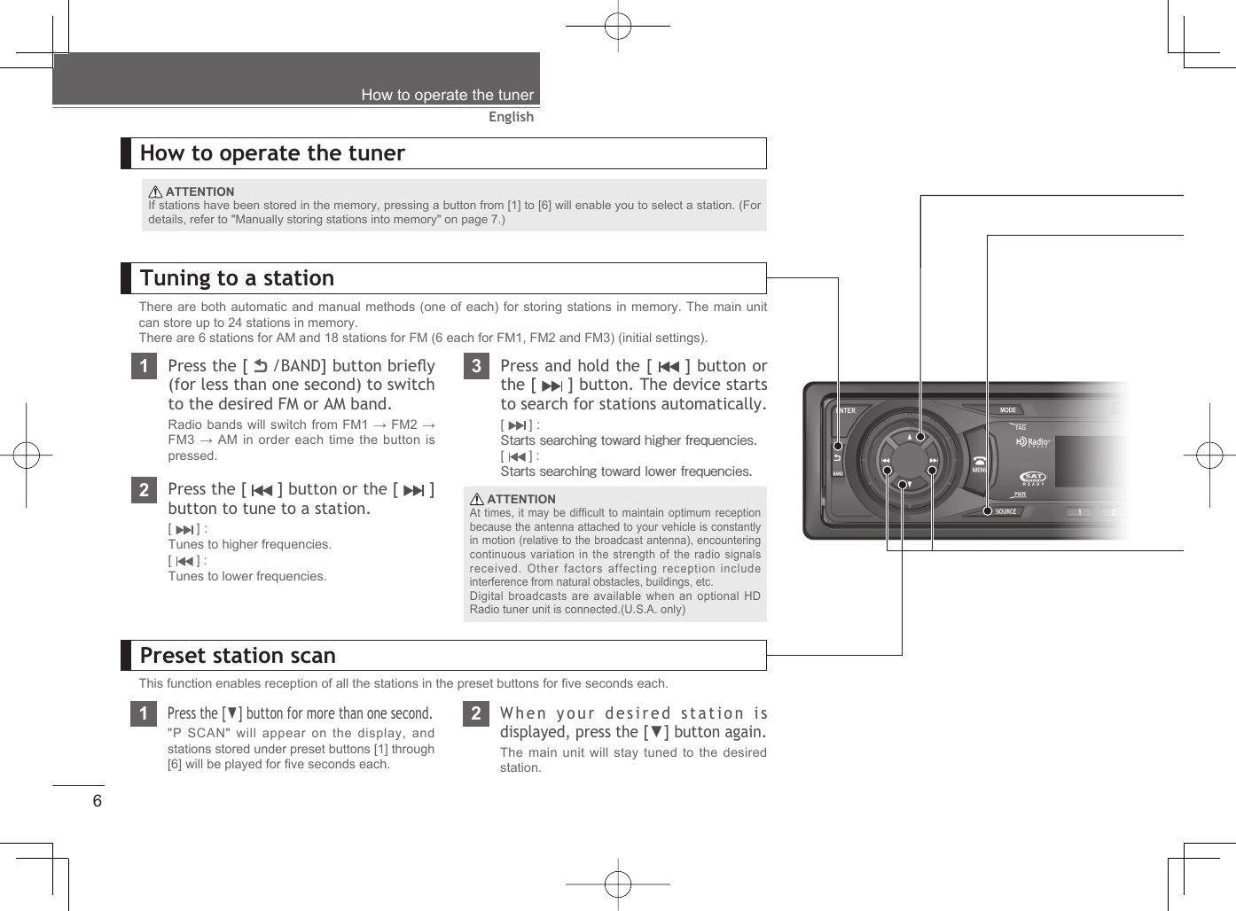 6EnglishHow to operate the tunerHow to operate the tuner ATTENTIONIf stations have been stored in the memory, pressing a button from [1] to [6] will enable you to select a station. (For details, refer to &quot;Manually storing stations into memory&quot; on page 7.)21Press the [   /BAND] button brieﬂ y (for less than one second) to switch to the desired FM or AM band.Radio bands will switch from FM1 → FM2 → FM3 → AM in order each time the button is pressed.Tuning to a stationThere are both automatic and manual methods (one of each) for storing stations in memory. The main unit can store up to 24 stations in memory.There are 6 stations for AM and 18 stations for FM (6 each for FM1, FM2 and FM3) (initial settings). ATTENTIONAt times, it may be difﬁ cult to maintain optimum reception because the antenna attached to your vehicle is constantly in motion (relative to the broadcast antenna), encountering continuous variation in the strength of the radio signals received. Other factors affecting reception include interference from natural obstacles, buildings, etc.Digital broadcasts are available when an optional HD Radio tuner unit is connected.(U.S.A. only)31Press the [▼] button for more than one second.&quot;P SCAN&quot; will appear on the display, and stations stored under preset buttons [1] through [6] will be played for ﬁ ve seconds each.This function enables reception of all the stations in the preset buttons for ﬁ ve seconds each.2When your desired station is displayed, press the [▼] button again.The main unit will stay tuned to the desired station.Preset station scanPress the [   ] button or the [   ] button to tune to a station.[  ] :Tunes to higher frequencies.[  ] :Tunes to lower frequencies. ATTENTIONAt times, it may be difﬁ cult to maintain optimum reception because the antenna attached to your vehicle is constantly in motion (relative to the broadcast antenna), encountering continuous variation in the strength of the radio signals received. Other factors affecting reception include interference from natural obstacles, buildings, etc.Digital broadcasts are available when an optional HD Radio tuner unit is connected.(U.S.A. only)Press and hold the [   ] button or the [   ] button. The device starts to search for stations automatically.[  ] :Starts searching toward higher frequencies.[  ] :Starts searching toward lower frequencies.