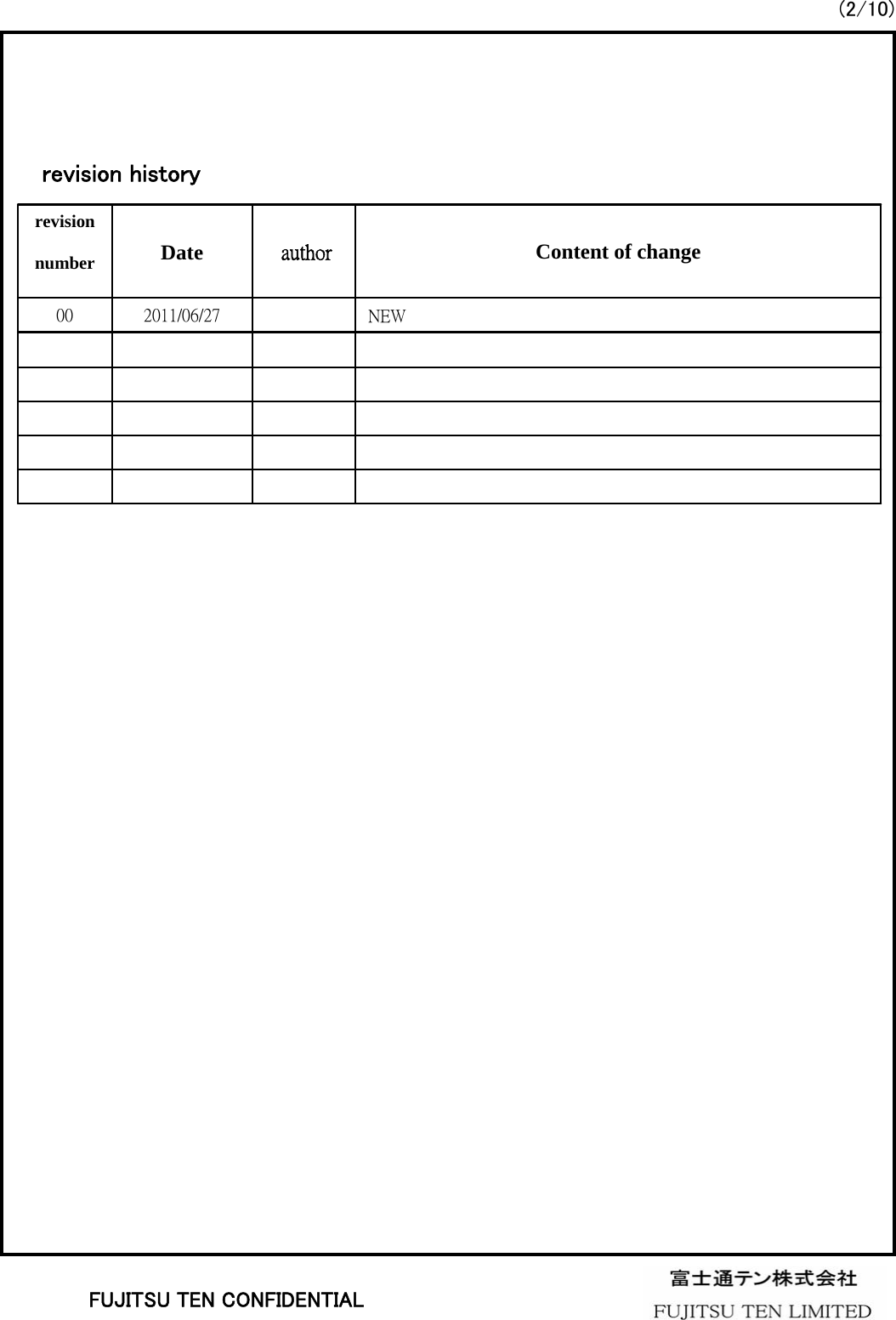 (2/10)revision historyNEW2011/06/2700Content of changeauthorDaterevision numberFUJITSU TEN CONFIDENTIAL