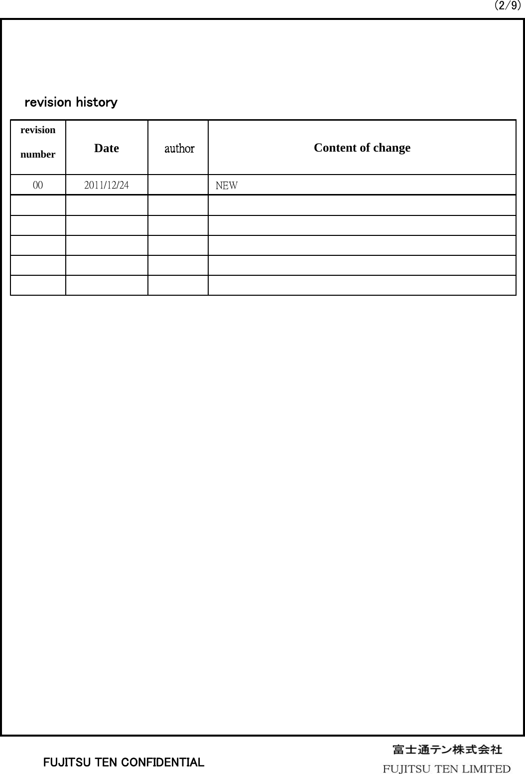 (2/9)revision historyNEW2011/12/2400Content of changeauthorDaterevision numberFUJITSU TEN CONFIDENTIAL