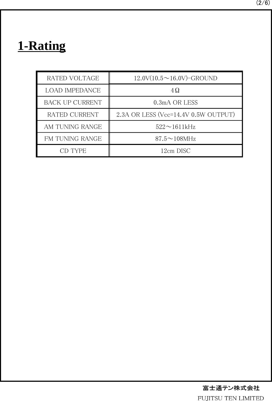 1-RatingRATED VOLTAGELOAD IMPEDANCEBACK UP CURRENTRATED CURRENTAM TUNING RANGECD TYPE12.0V(10.5～16.0V)-GROUND4Ω0.3mA OR LESS2.3A OR LESS (Vcc=14.4V 0.5W OUTPUT)522～1611kHz87.5～108MHz12cm DISCFM TUNING RANGE(2/6)