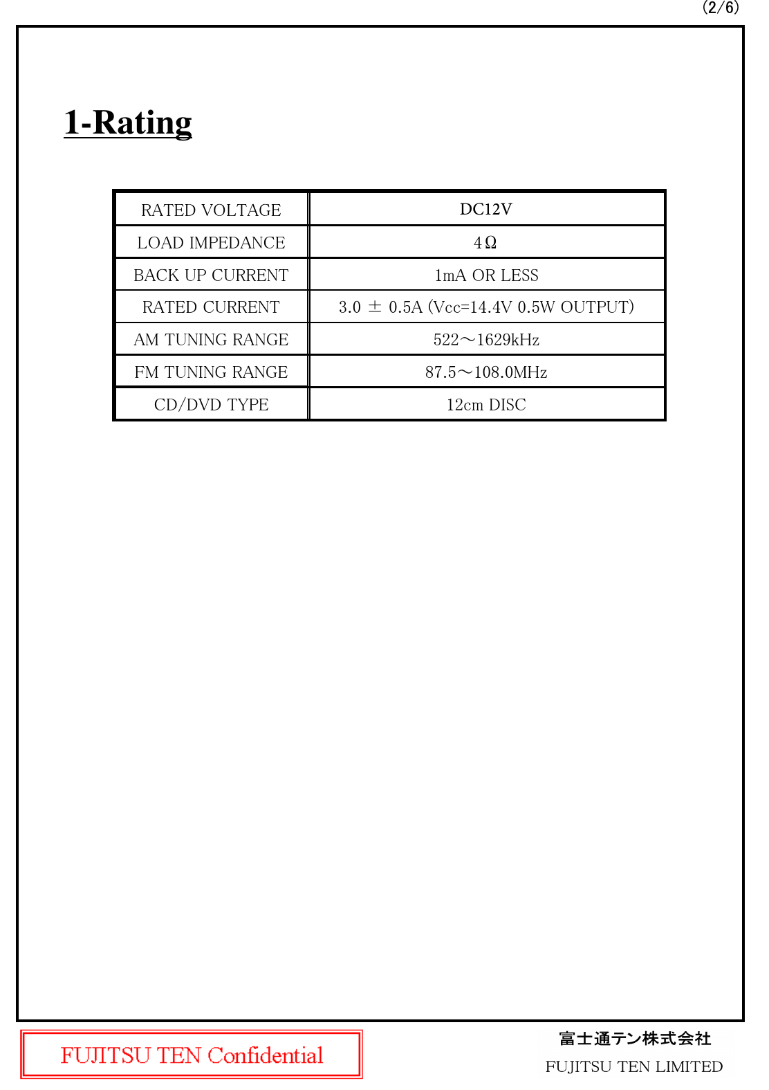 1-RatingRATED VOLTAGELOAD IMPEDANCEBACK UP CURRENTRATED CURRENTAM TUNING RANGECD/DVD TYPE                      DC12V4Ω1mA OR LESS3.0 ± 0.5A (Vcc=14.4V 0.5W OUTPUT)522～1629kHz87.5～108.0MHz12cm DISCFM TUNING RANGE(2/6)