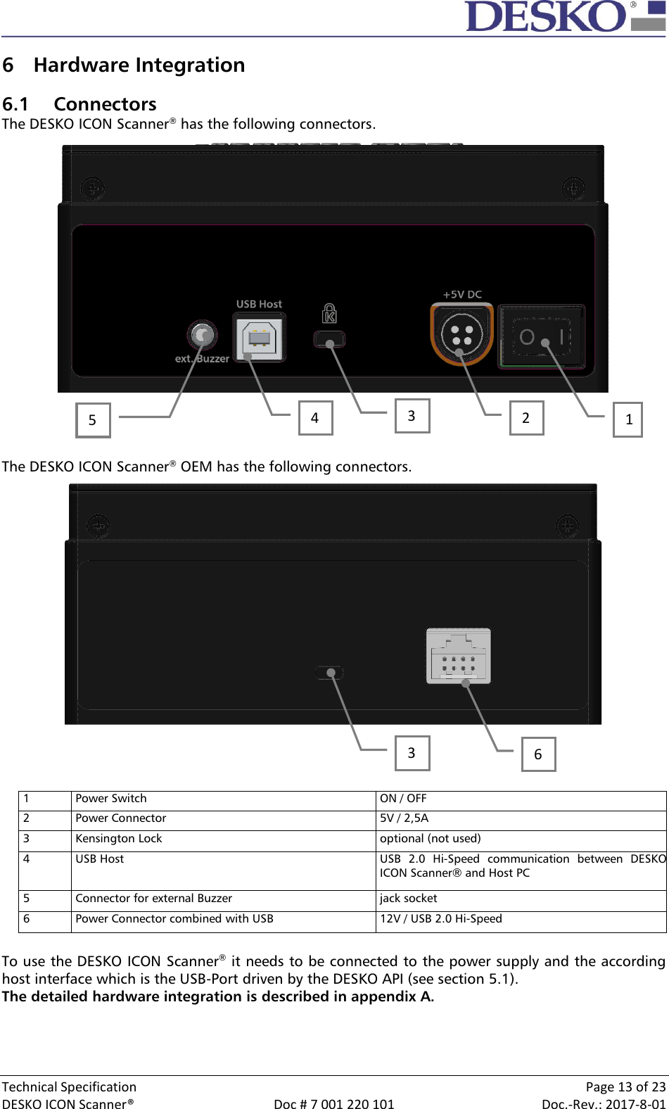  Technical Specification    Page 13 of 23 DESKO ICON Scanner®  Doc # 7 001 220 101  Doc.-Rev.: 2017-8-01  6 Hardware Integration 6.1 Connectors The DESKO ICON Scanner® has the following connectors.     The DESKO ICON Scanner® OEM has the following connectors.     1 Power Switch  ON / OFF 2 Power Connector 5V / 2,5A 3 Kensington Lock optional (not used) 4 USB Host USB  2.0  Hi-Speed  communication  between  DESKO ICON Scanner® and Host PC 5 Connector for external Buzzer jack socket 6 Power Connector combined with USB 12V / USB 2.0 Hi-Speed  To use the DESKO ICON Scanner® it needs to be connected to the power supply and the according host interface which is the USB-Port driven by the DESKO API (see section 5.1).  The detailed hardware integration is described in appendix A. 2 3 4 5 1 6 3 