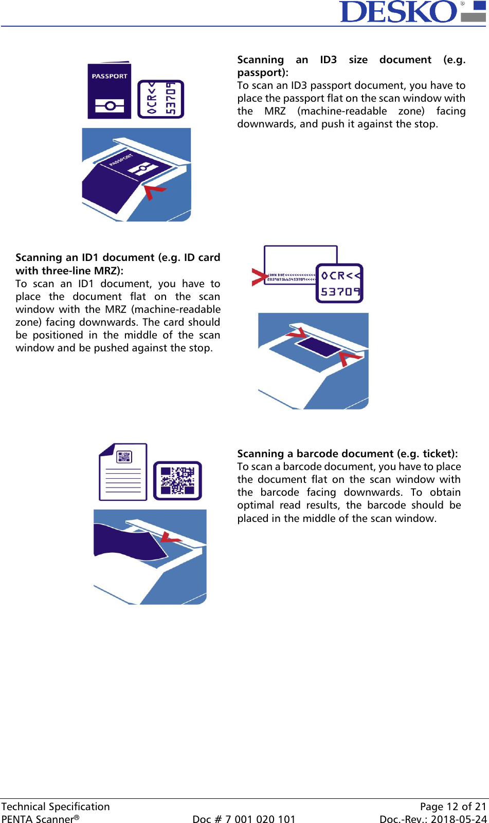  Technical Specification    Page 12 of 21 PENTA Scanner®  Doc # 7 001 020 101  Doc.-Rev.: 2018-05-24               Scanning an ID1 document (e.g. ID card with three-line MRZ): To  scan  an  ID1  document,  you  have  to place  the  document  flat  on  the  scan window  with  the  MRZ  (machine-readable zone) facing downwards. The card should be  positioned  in  the  middle  of  the  scan window and be pushed against the stop. Scanning a barcode document (e.g. ticket): To scan a barcode document, you have to place the  document  flat  on  the  scan  window  with the  barcode  facing  downwards.  To  obtain optimal  read  results,  the  barcode  should  be placed in the middle of the scan window.  Scanning  an  ID3  size  document  (e.g. passport): To scan an ID3 passport document, you have to place the passport flat on the scan window with the  MRZ  (machine-readable  zone)  facing downwards, and push it against the stop. 