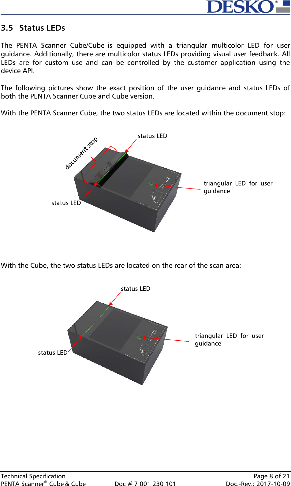  Technical Specification    Page 8 of 21 PENTA Scanner® Cube &amp; Cube  Doc # 7 001 230 101  Doc.-Rev.: 2017-10-09    3.5 Status LEDs  The  PENTA  Scanner  Cube/Cube is  equipped  with  a  triangular  multicolor  LED  for  user guidance. Additionally, there are multicolor status LEDs providing visual user feedback. All LEDs  are  for  custom  use  and  can  be  controlled  by  the  customer  application  using  the device API.  The  following  pictures  show  the  exact  position  of  the  user  guidance  and  status  LEDs  of both the PENTA Scanner Cube and Cube version.  With the PENTA Scanner Cube, the two status LEDs are located within the document stop:                   With the Cube, the two status LEDs are located on the rear of the scan area:                    triangular  LED  for  user guidance triangular  LED  for  user guidance status LED status LED status LED status LED 