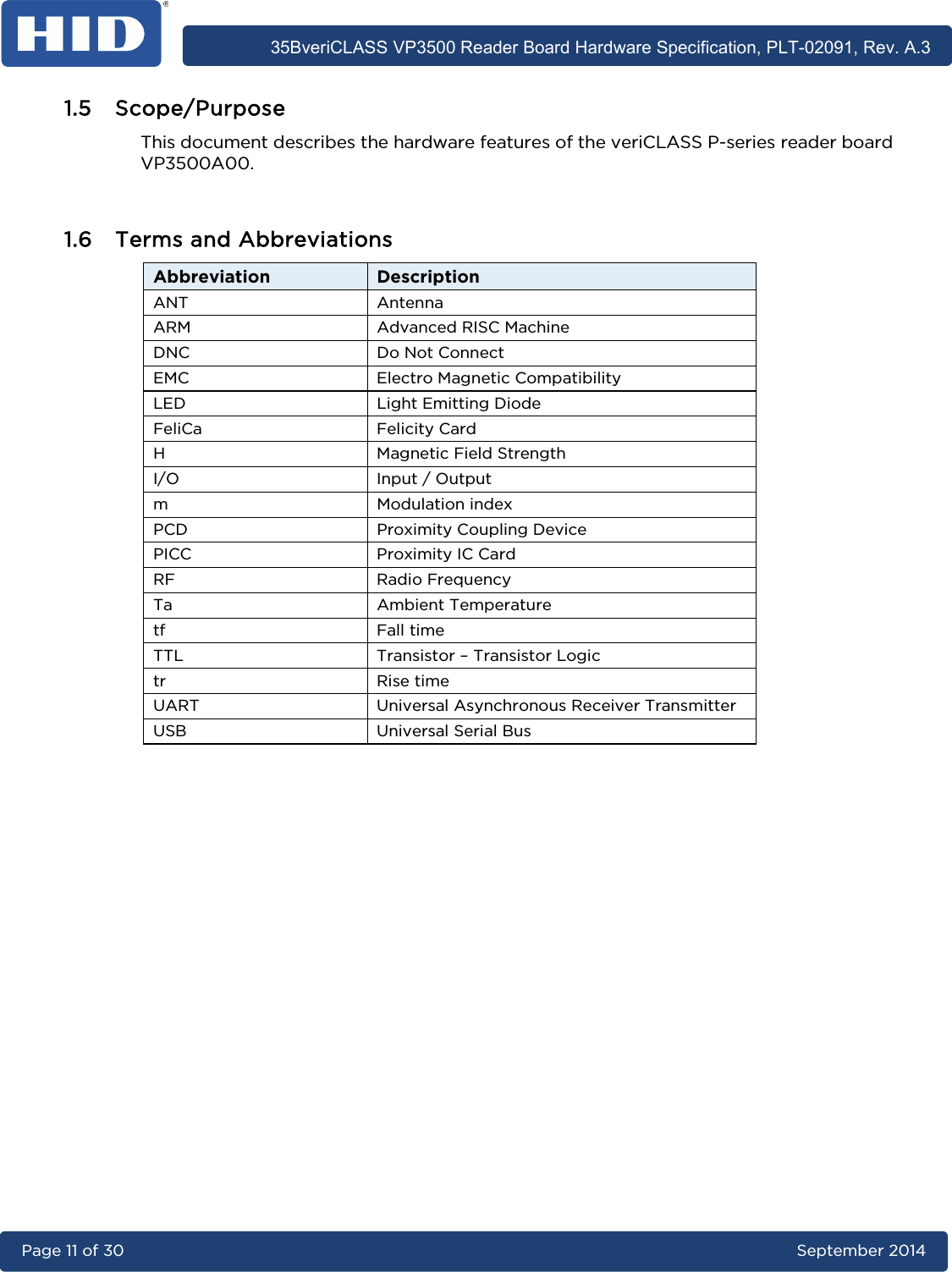      35BveriCLASS VP3500 Reader Board Hardware Specification, PLT-02091, Rev. A.3 Page 11 of 30   September 2014  1.5 Scope/Purpose This document describes the hardware features of the veriCLASS P-series reader board VP3500A00.  1.6 Terms and Abbreviations Abbreviation Description ANT Antenna ARM Advanced RISC Machine DNC Do Not Connect EMC Electro Magnetic Compatibility LED Light Emitting Diode FeliCa Felicity Card H  Magnetic Field Strength I/O Input / Output m  Modulation index PCD Proximity Coupling Device PICC Proximity IC Card RF Radio Frequency Ta Ambient Temperature tf Fall time TTL Transistor – Transistor Logic tr Rise time UART Universal Asynchronous Receiver Transmitter USB  Universal Serial Bus  