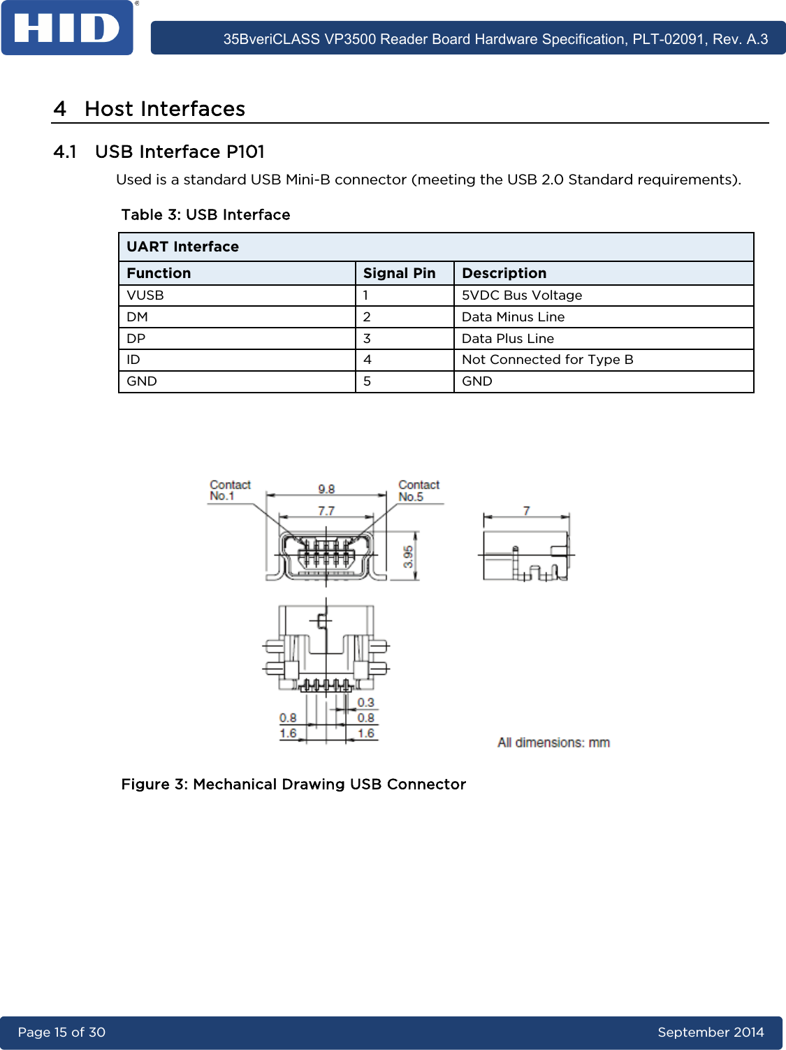      35BveriCLASS VP3500 Reader Board Hardware Specification, PLT-02091, Rev. A.3 Page 15 of 30   September 2014  4 Host Interfaces 4.1 USB Interface P101 Used is a standard USB Mini-B connector (meeting the USB 2.0 Standard requirements). Table 3: USB Interface UART Interface Function Signal Pin Description VUSB  1  5VDC Bus Voltage DM  2  Data Minus Line DP  3  Data Plus Line ID  4  Not Connected for Type B GND  5  GND     Figure 3: Mechanical Drawing USB Connector      