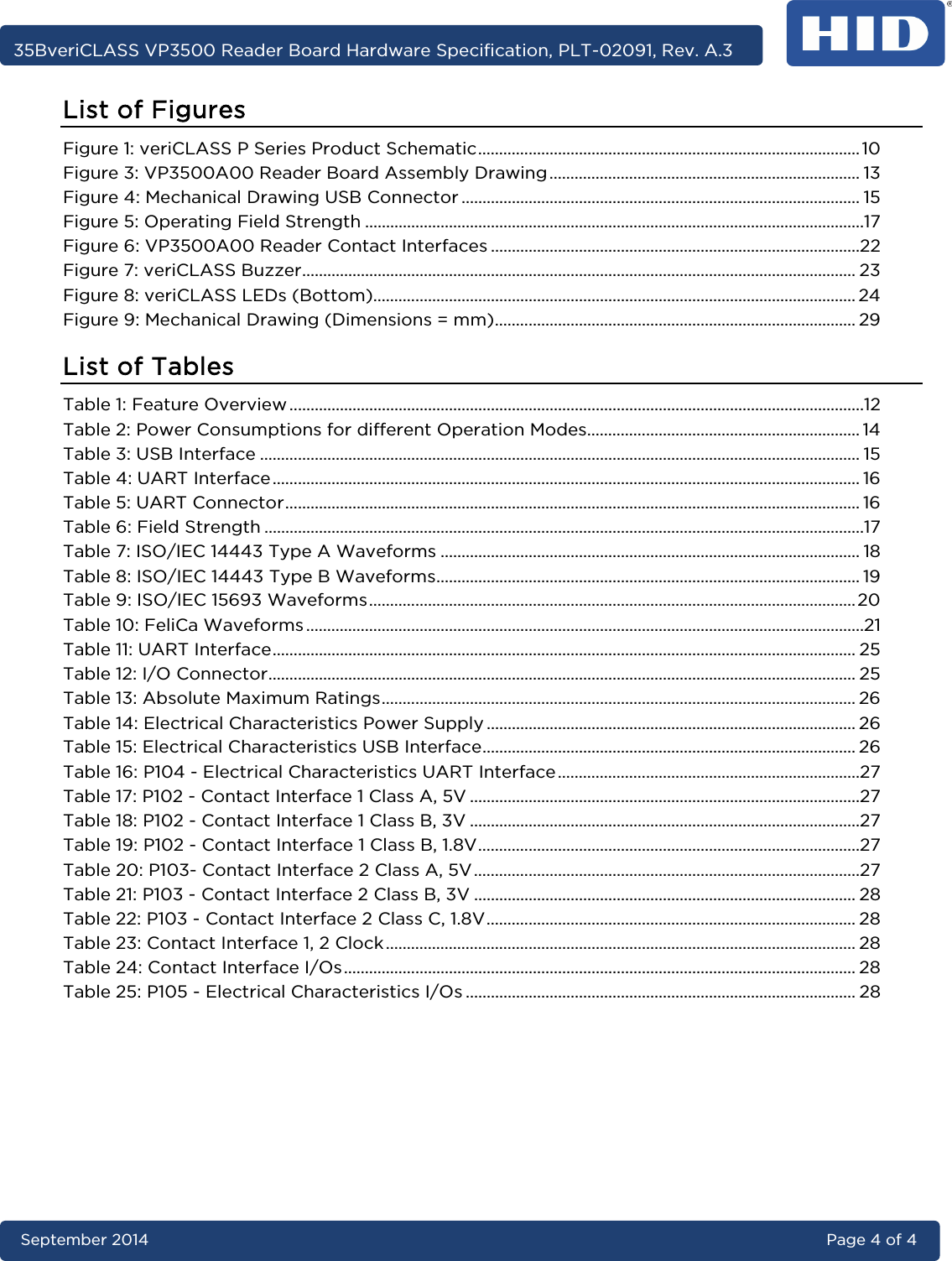     35BveriCLASS VP3500 Reader Board Hardware Specification, PLT-02091, Rev. A.3 September 2014 Page 4 of 4  List of Figures Figure 1: veriCLASS P Series Product Schematic ........................................................................................... 10 Figure 3: VP3500A00 Reader Board Assembly Drawing .......................................................................... 13 Figure 4: Mechanical Drawing USB Connector ............................................................................................... 15 Figure 5: Operating Field Strength .......................................................................................................................17 Figure 6: VP3500A00 Reader Contact Interfaces ........................................................................................22 Figure 7: veriCLASS Buzzer .................................................................................................................................... 23 Figure 8: veriCLASS LEDs (Bottom)................................................................................................................... 24 Figure 9: Mechanical Drawing (Dimensions = mm) ...................................................................................... 29 List of Tables Table 1: Feature Overview .........................................................................................................................................12 Table 2: Power Consumptions for different Operation Modes................................................................. 14 Table 3: USB Interface ............................................................................................................................................... 15 Table 4: UART Interface ............................................................................................................................................ 16 Table 5: UART Connector ......................................................................................................................................... 16 Table 6: Field Strength ...............................................................................................................................................17 Table 7: ISO/IEC 14443 Type A Waveforms .................................................................................................... 18 Table 8: ISO/IEC 14443 Type B Waveforms..................................................................................................... 19 Table 9: ISO/IEC 15693 Waveforms .................................................................................................................... 20 Table 10: FeliCa Waveforms .....................................................................................................................................21 Table 11: UART Interface ........................................................................................................................................... 25 Table 12: I/O Connector ............................................................................................................................................ 25 Table 13: Absolute Maximum Ratings ................................................................................................................. 26 Table 14: Electrical Characteristics Power Supply ........................................................................................ 26 Table 15: Electrical Characteristics USB Interface ......................................................................................... 26 Table 16: P104 - Electrical Characteristics UART Interface ........................................................................27 Table 17: P102 - Contact Interface 1 Class A, 5V .............................................................................................27 Table 18: P102 - Contact Interface 1 Class B, 3V .............................................................................................27 Table 19: P102 - Contact Interface 1 Class B, 1.8V ...........................................................................................27 Table 20: P103- Contact Interface 2 Class A, 5V ............................................................................................27 Table 21: P103 - Contact Interface 2 Class B, 3V ........................................................................................... 28 Table 22: P103 - Contact Interface 2 Class C, 1.8V ........................................................................................ 28 Table 23: Contact Interface 1, 2 Clock ................................................................................................................ 28 Table 24: Contact Interface I/Os .......................................................................................................................... 28 Table 25: P105 - Electrical Characteristics I/Os ............................................................................................. 28    