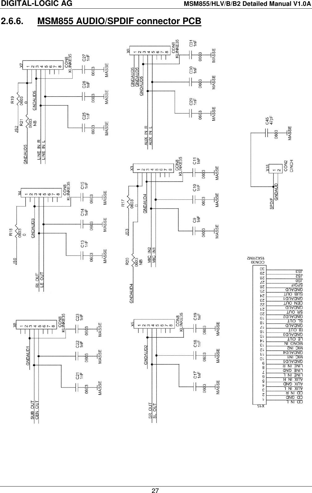 DIGITAL-LOGIC AG    MSM855/HLV/B/B2 Detailed Manual V1.0A    27 2.6.6.  MSM855 AUDIO/SPDIF connector PCB     